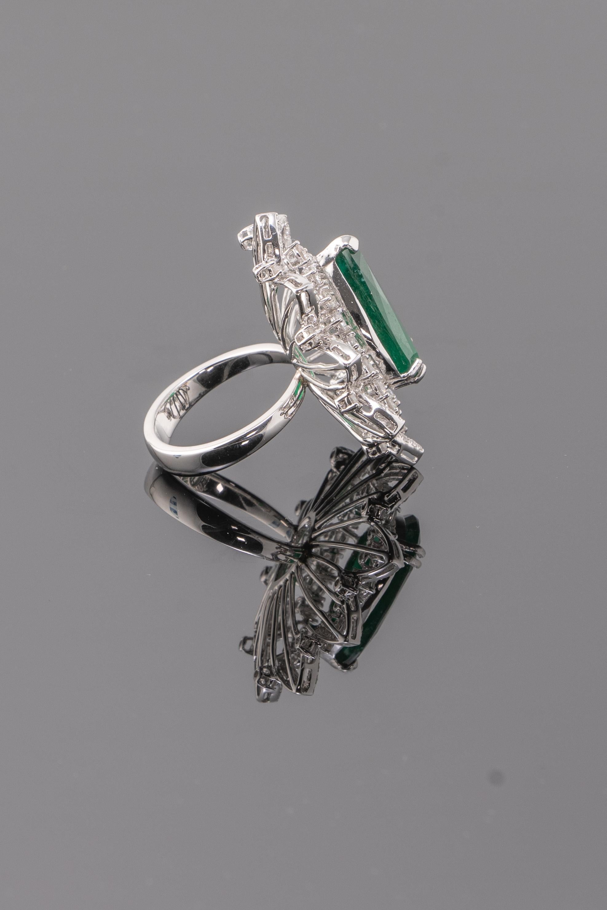 Art Deco 7.18 Carat Pear Shape Emerald and Diamond Cocktail Ring For Sale