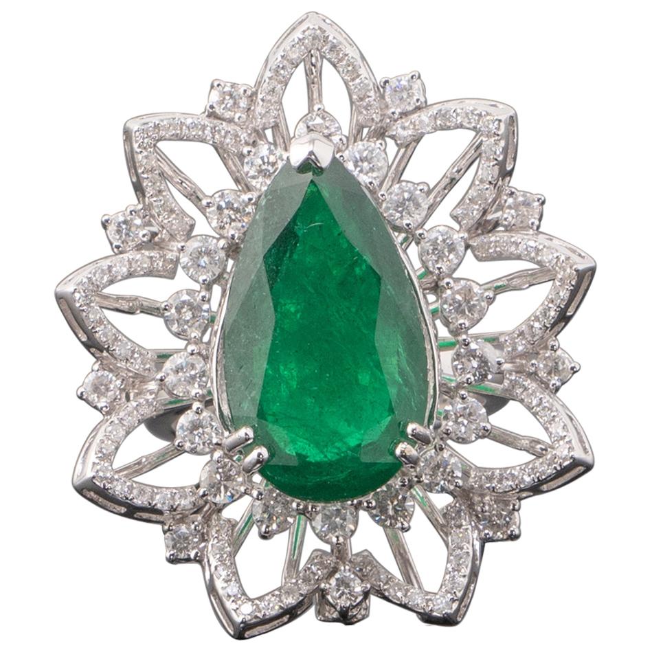 7.18 Carat Pear Shape Emerald and Diamond Cocktail Ring For Sale