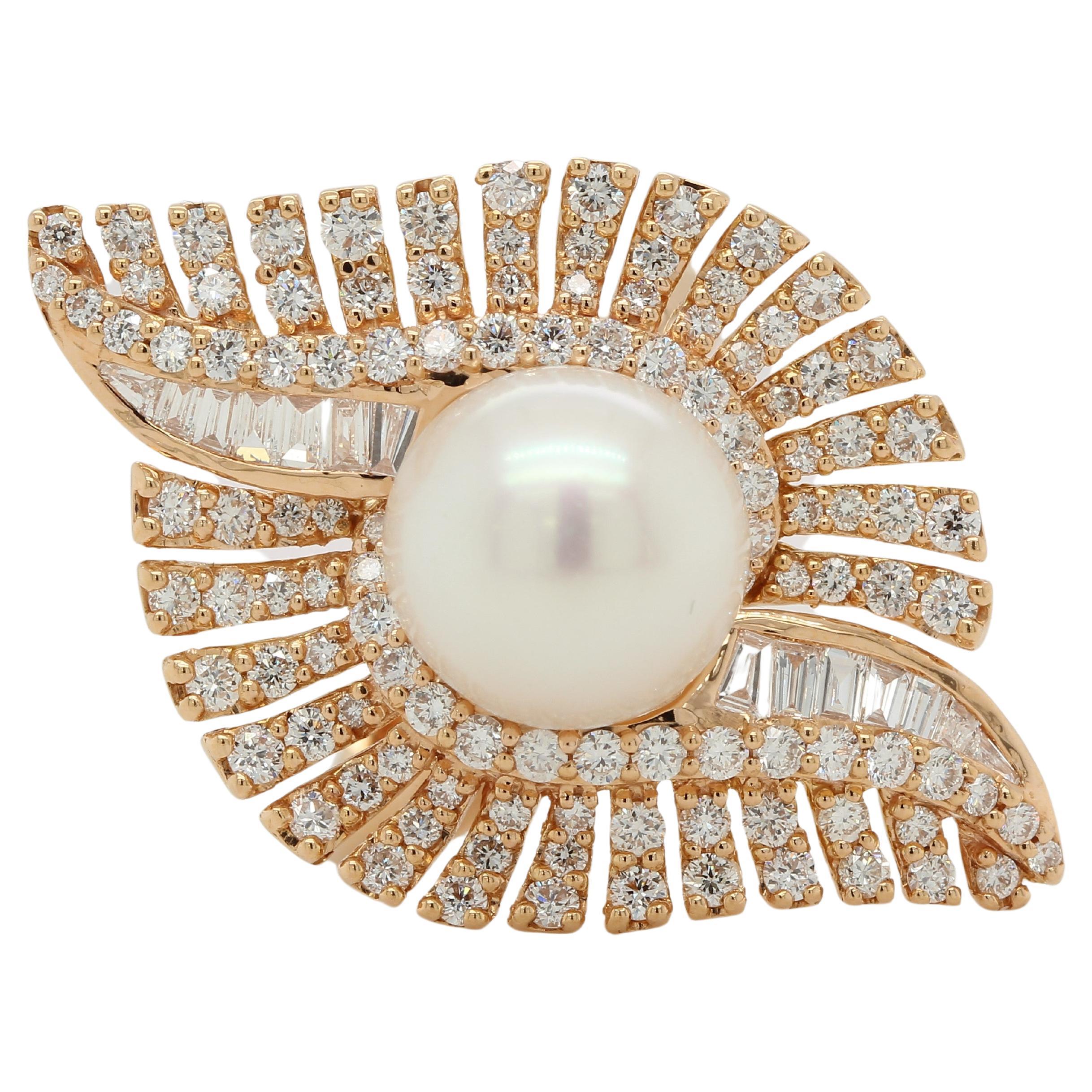 This gorgeous pearl and diamond ring is a luxurious statement piece that will not disappoint. Set in 18K rose gold, the piece features around 1.35 carats of round diamonds and tapper of 0.26 carats. The 7.18 carat pearl makes it easy to appreciate