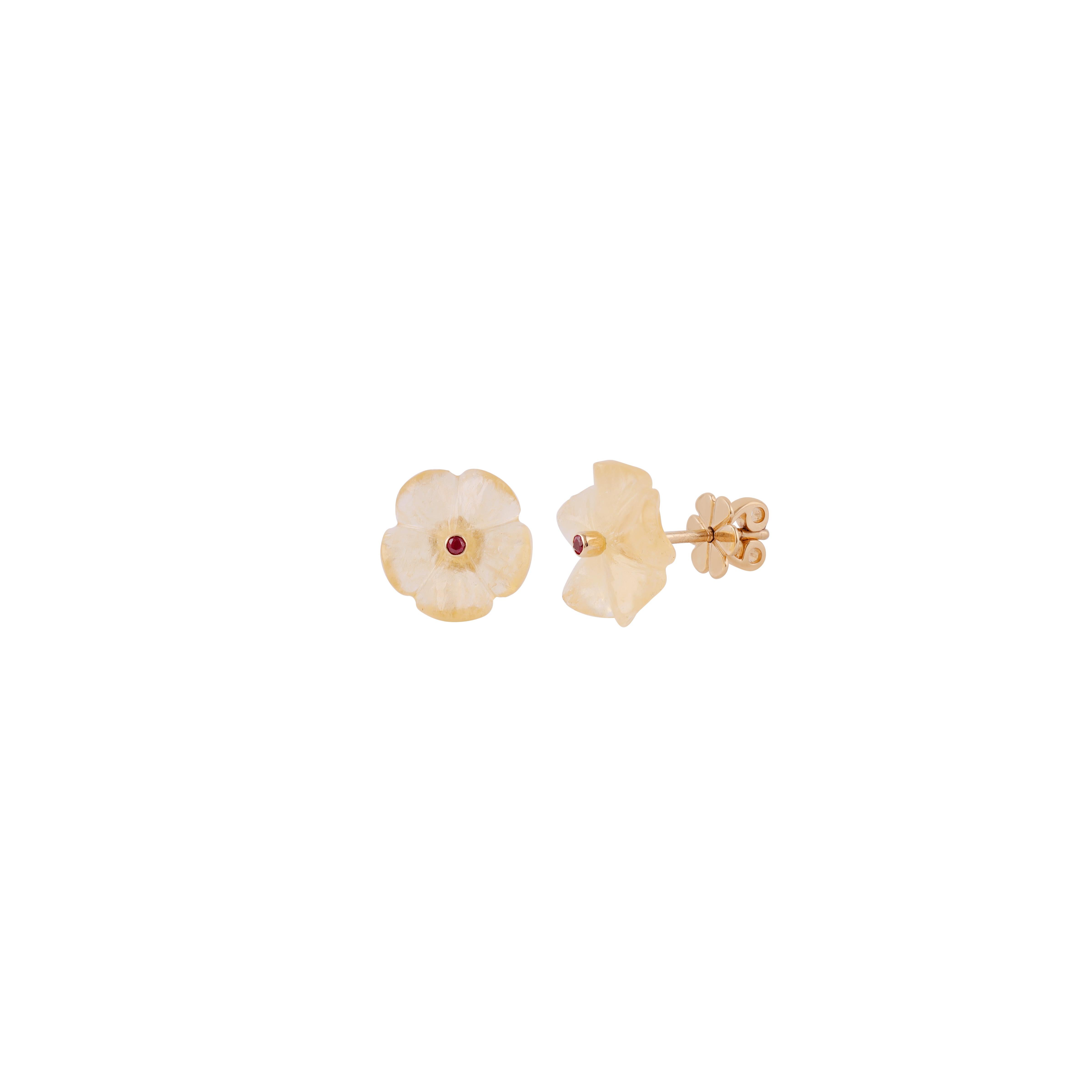 Modernist 7.18 Carat Rose Quartz Stud Earrings in 18 Karat Gold For Sale