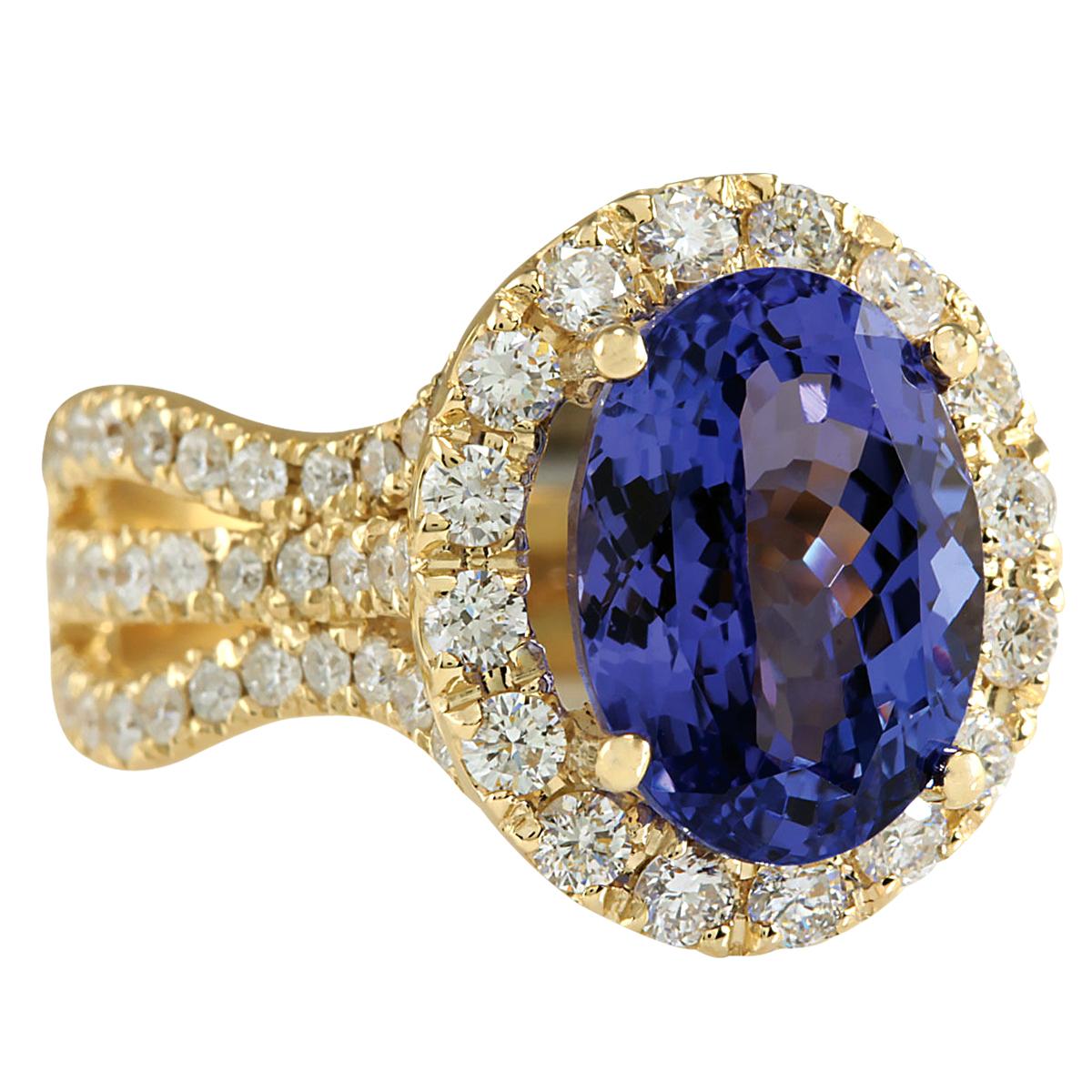 7.18 Carat Tanzanite 14 Karat Yellow Gold Diamond Ring
Stamped: 14K Yellow Gold
Total Ring Weight: 8.0 Grams
Total  Tanzanite Weight is 5.73 Carat (Measures: 12.00x10.00 mm)
Color: Blue
Total  Diamond Weight is 1.45 Carat
Color: F-G, Clarity: