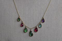 7.18 Carat Tourmaline, Amethyst & Aquamarine 14K Gold Chain Pendant Necklace