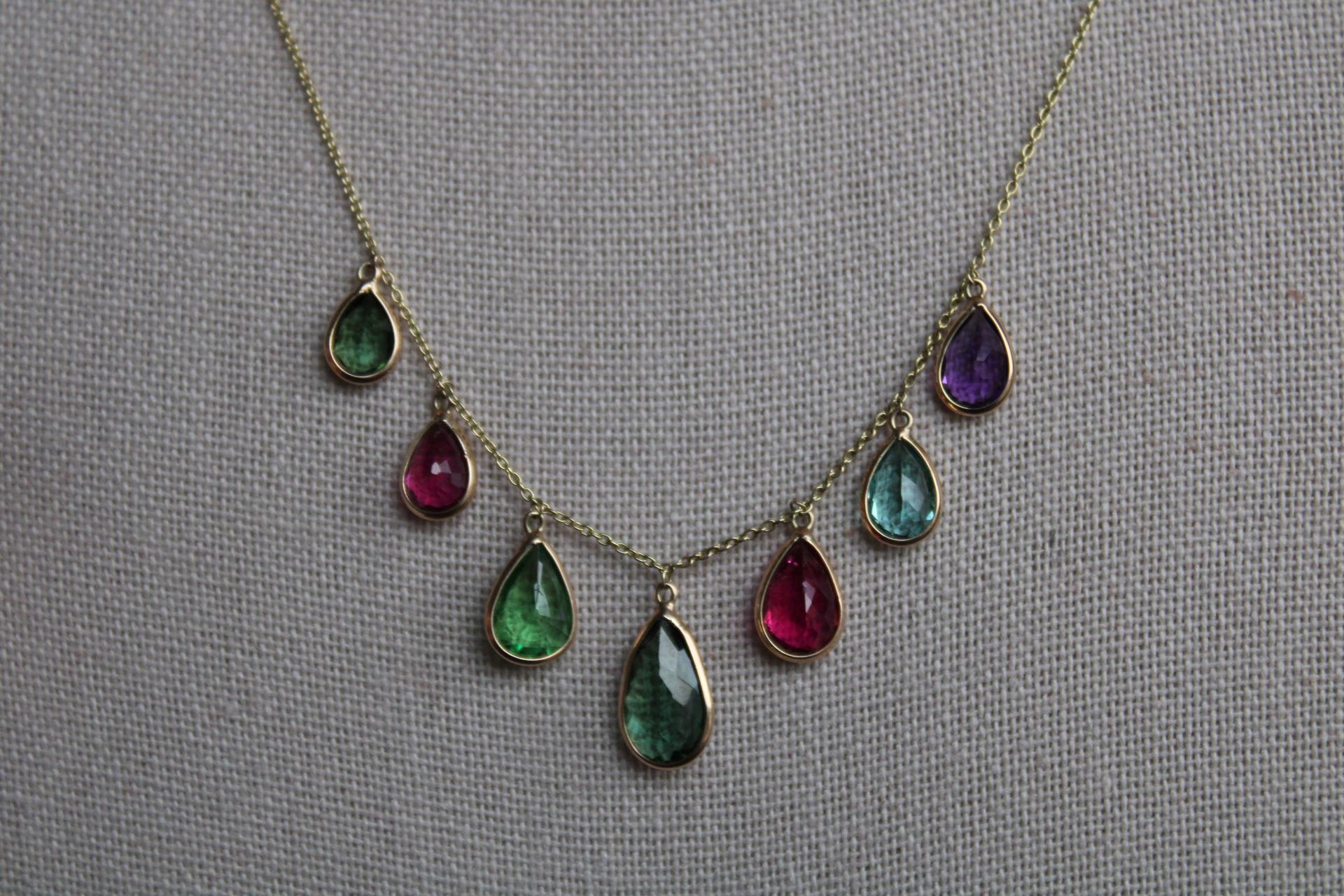 7.18 Carat Tourmaline, Amethyst & Aquamarine 14K Gold Chain Pendant Necklace In New Condition For Sale In Amagansett, NY