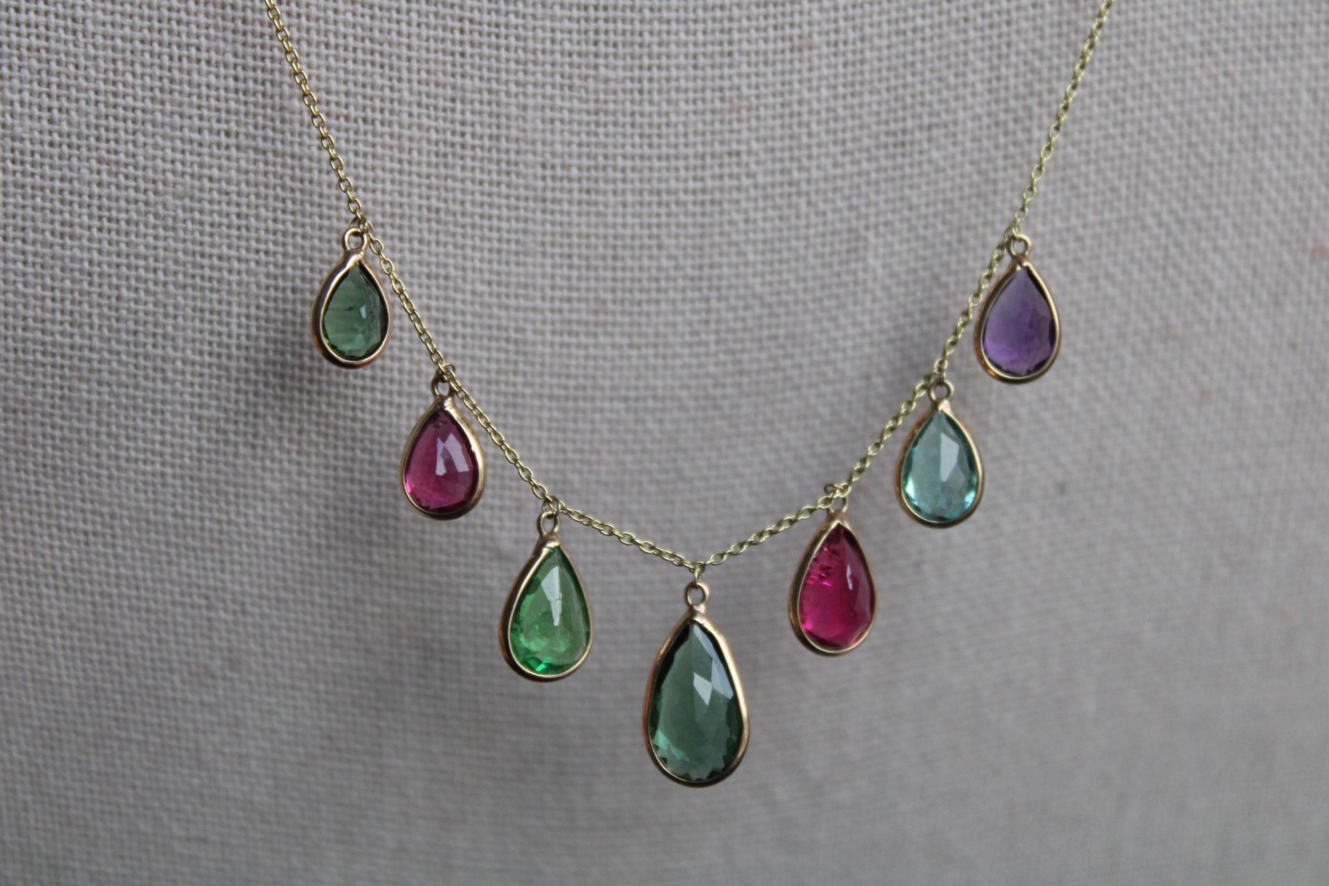 7.18 Carat Tourmaline, Amethyst & Aquamarine 14K Gold Chain Pendant Necklace For Sale 1