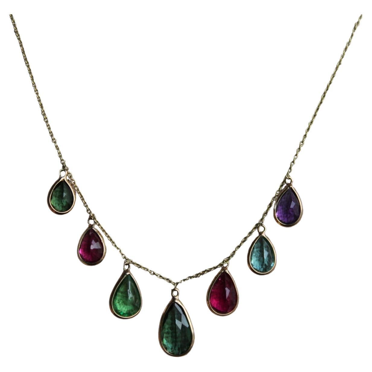 7.18 Carat Tourmaline, Amethyst & Aquamarine 14K Gold Chain Pendant Necklace