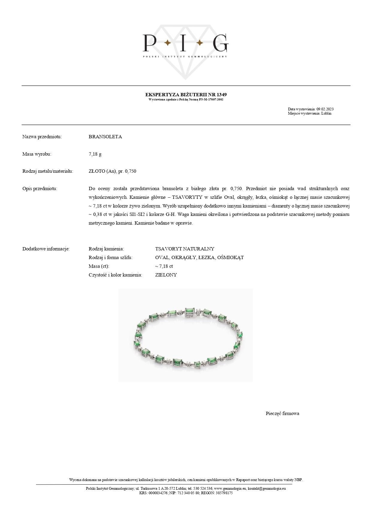 Bracelet en tsavorite, 7.18 carats, bracelet en diamant, 0.38 carats, or blanc 18K, bijoux en pierres fines. Ce bracelet exceptionnel est réalisé en or blanc 18 carats et mesure 18,5 cm de long. Il présente dix-sept tsavorites naturels de