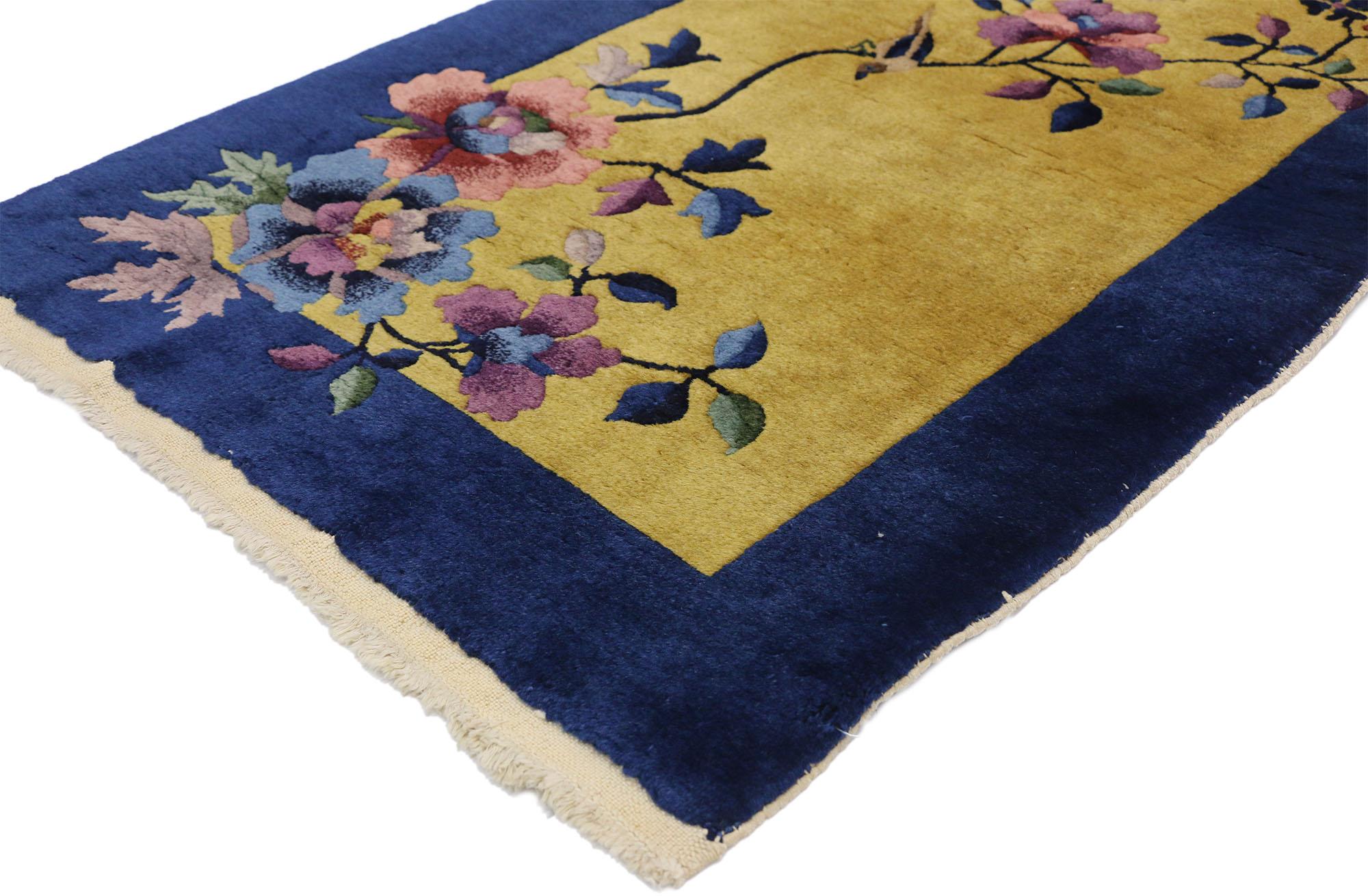 71863, Antique Chinese Art Deco Style Rug Inspired by Walter Nichols. Revitalize your space with this early 20th century antique Chinese Art Deco rug, inspired by Walter Nichols. A striking mix of asymmetrical flowers, a butterfly with a magpie bird