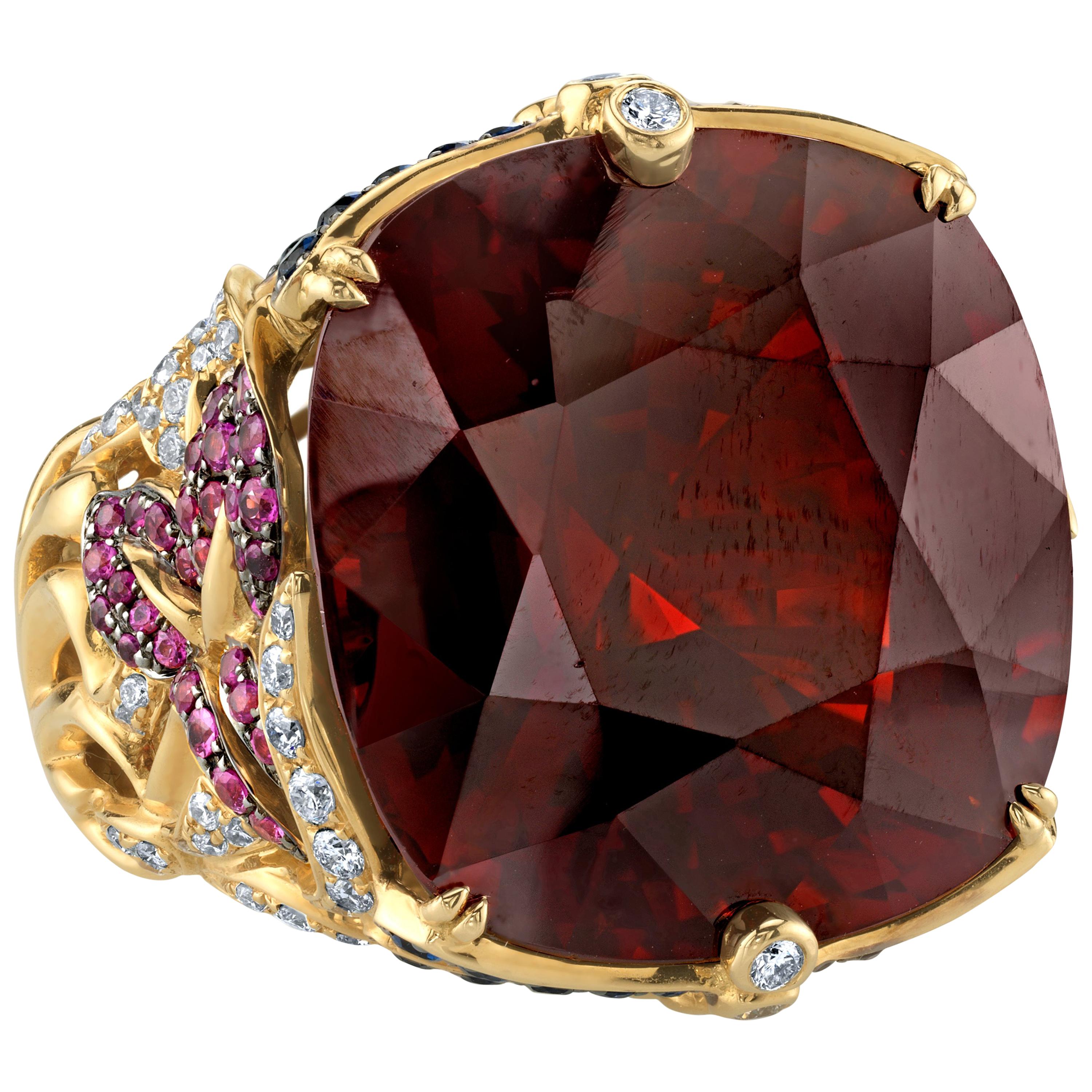 71 Carat Garnet, Ruby, Sapphire and Diamond Cocktail Ring in 18k Yellow Gold