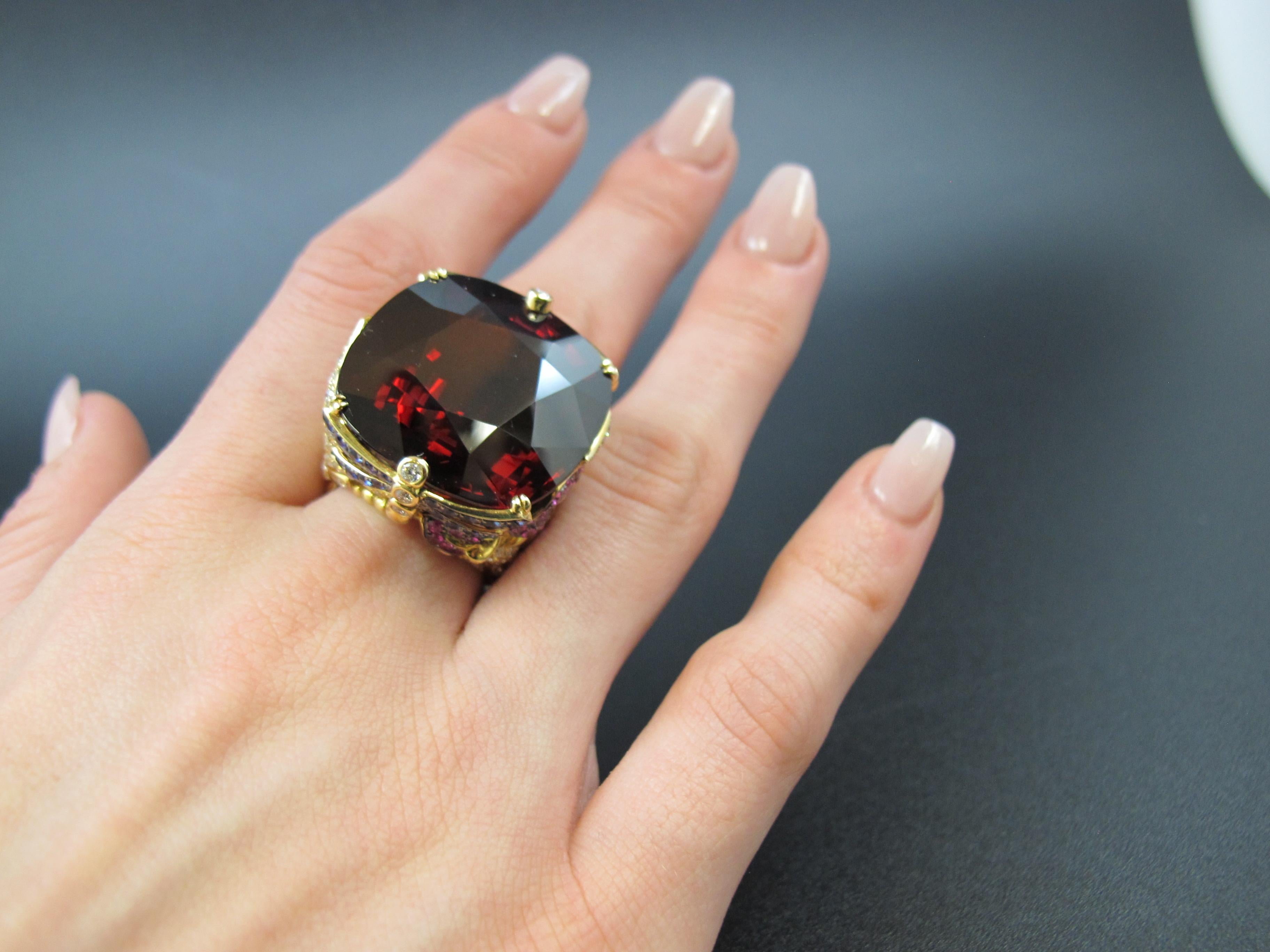 71 Carat Garnet, Ruby, Sapphire and Diamond Cocktail Ring in 18k Yellow Gold 2