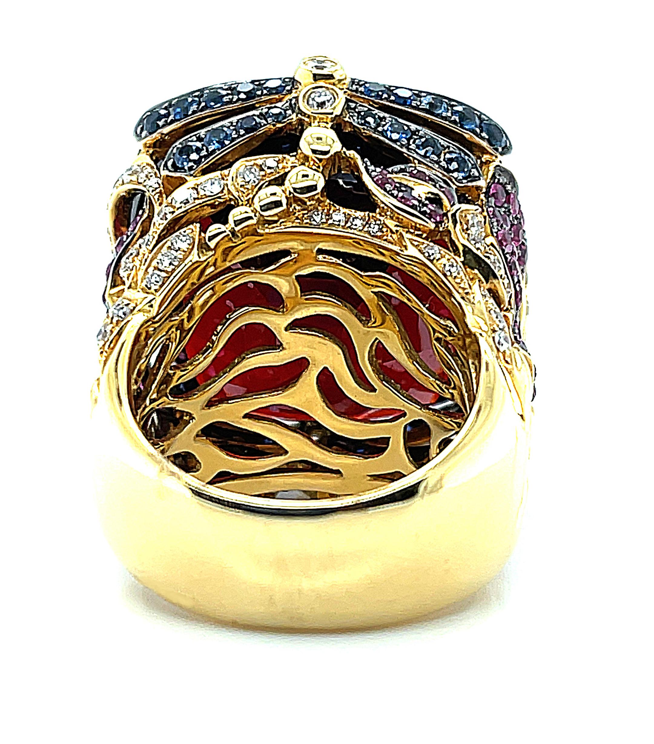 Artisan 71 Carat Garnet, Ruby, Sapphire and Diamond Cocktail Ring in 18k Yellow Gold