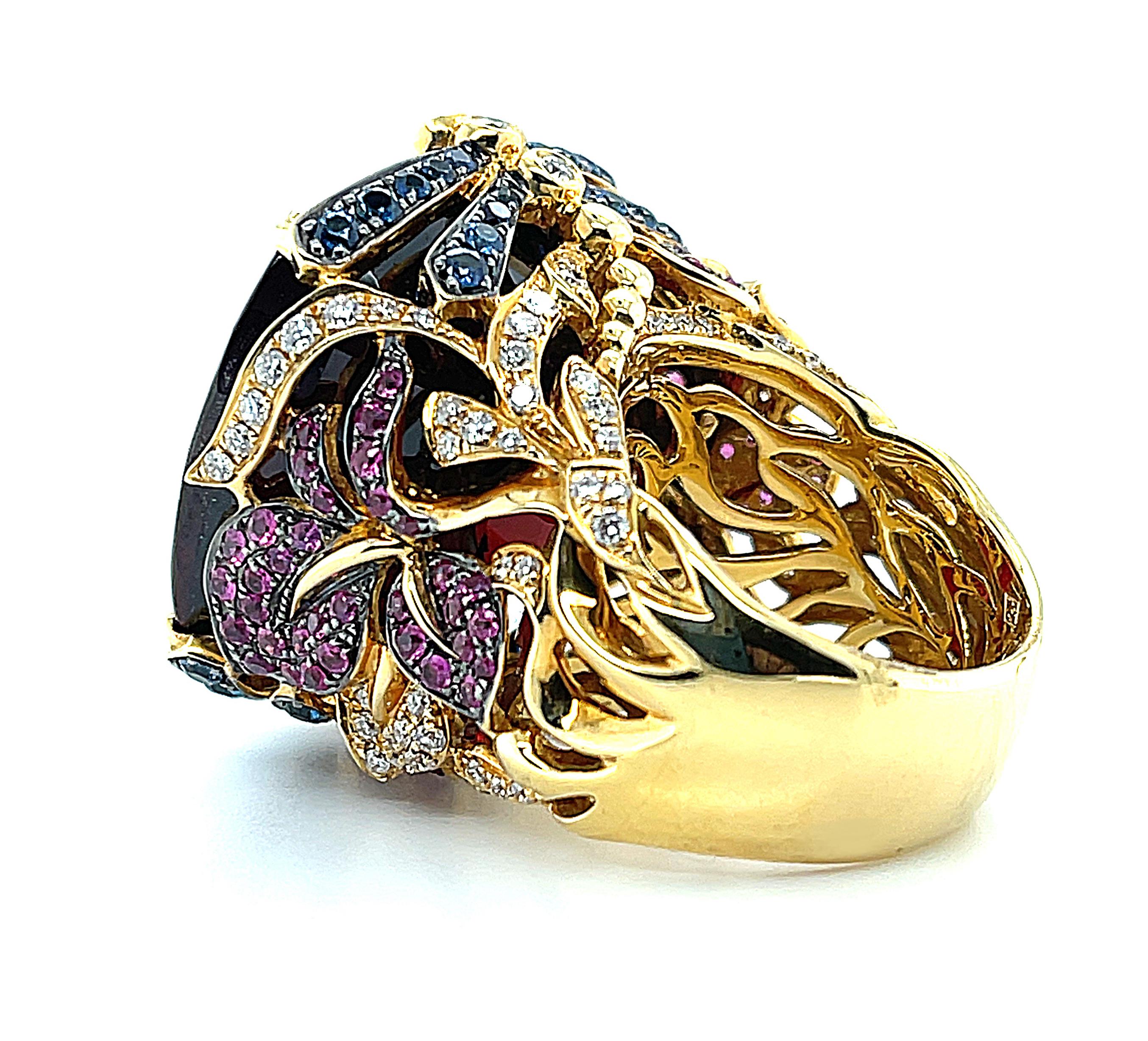 Cushion Cut 71 Carat Garnet, Ruby, Sapphire and Diamond Cocktail Ring in 18k Yellow Gold For Sale
