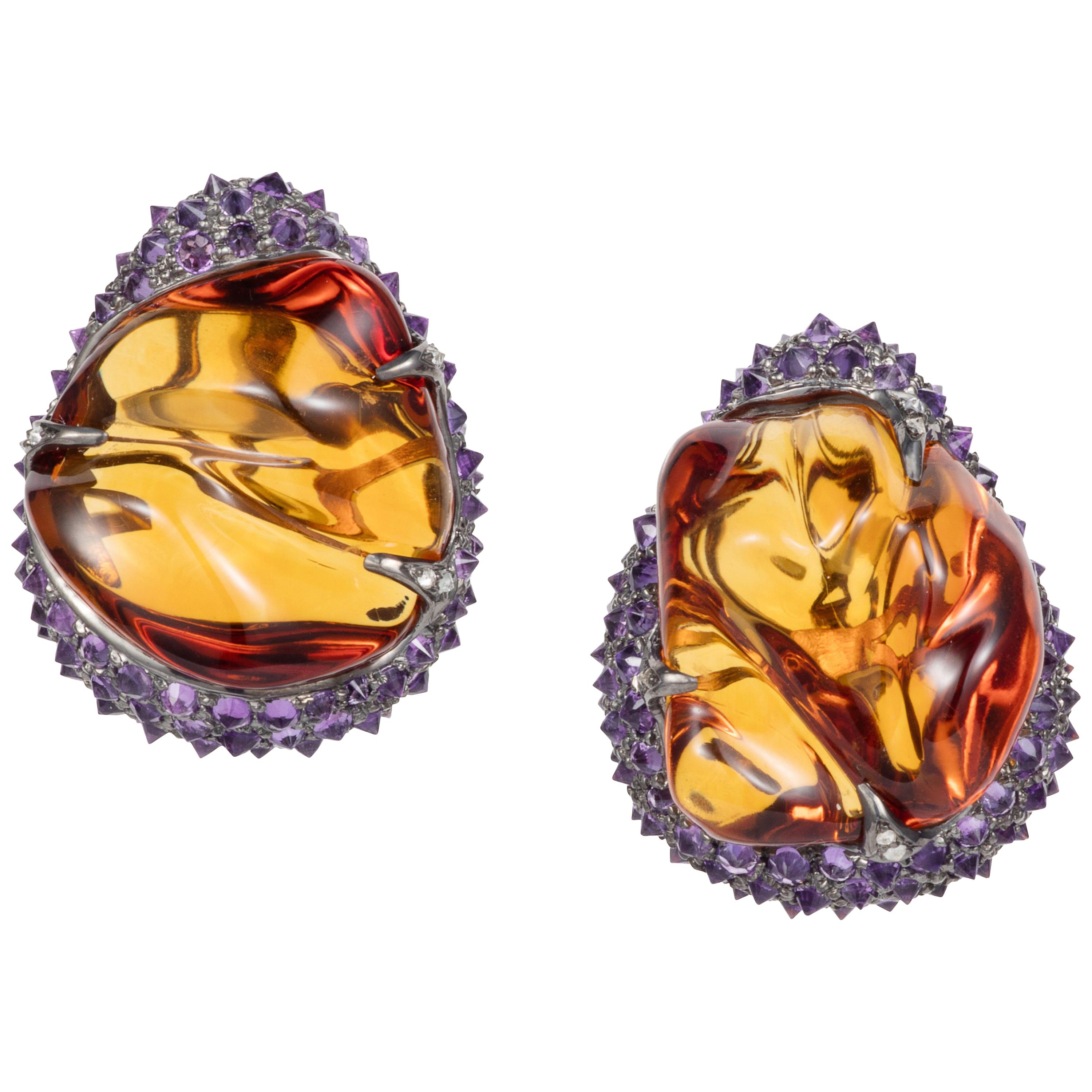 Manpriya B 71.89ct Citrine Tumble, Amethyst, Diamond Clip-On Statement Earrings  For Sale