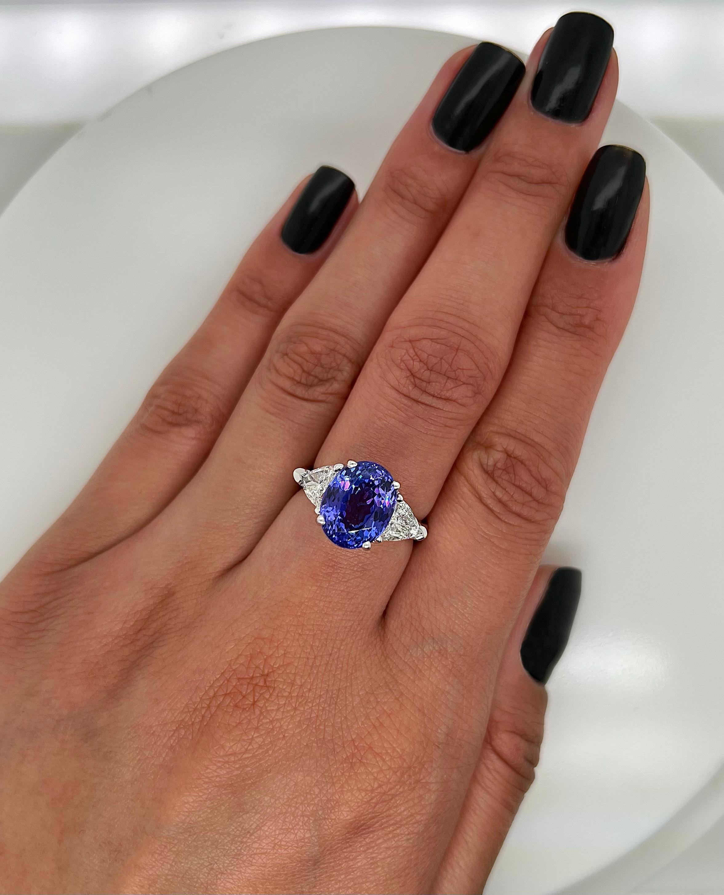 7.18 Total Carat Tanzanite and Diamond Three Stone Ladies Ring In New Condition For Sale In New York, NY
