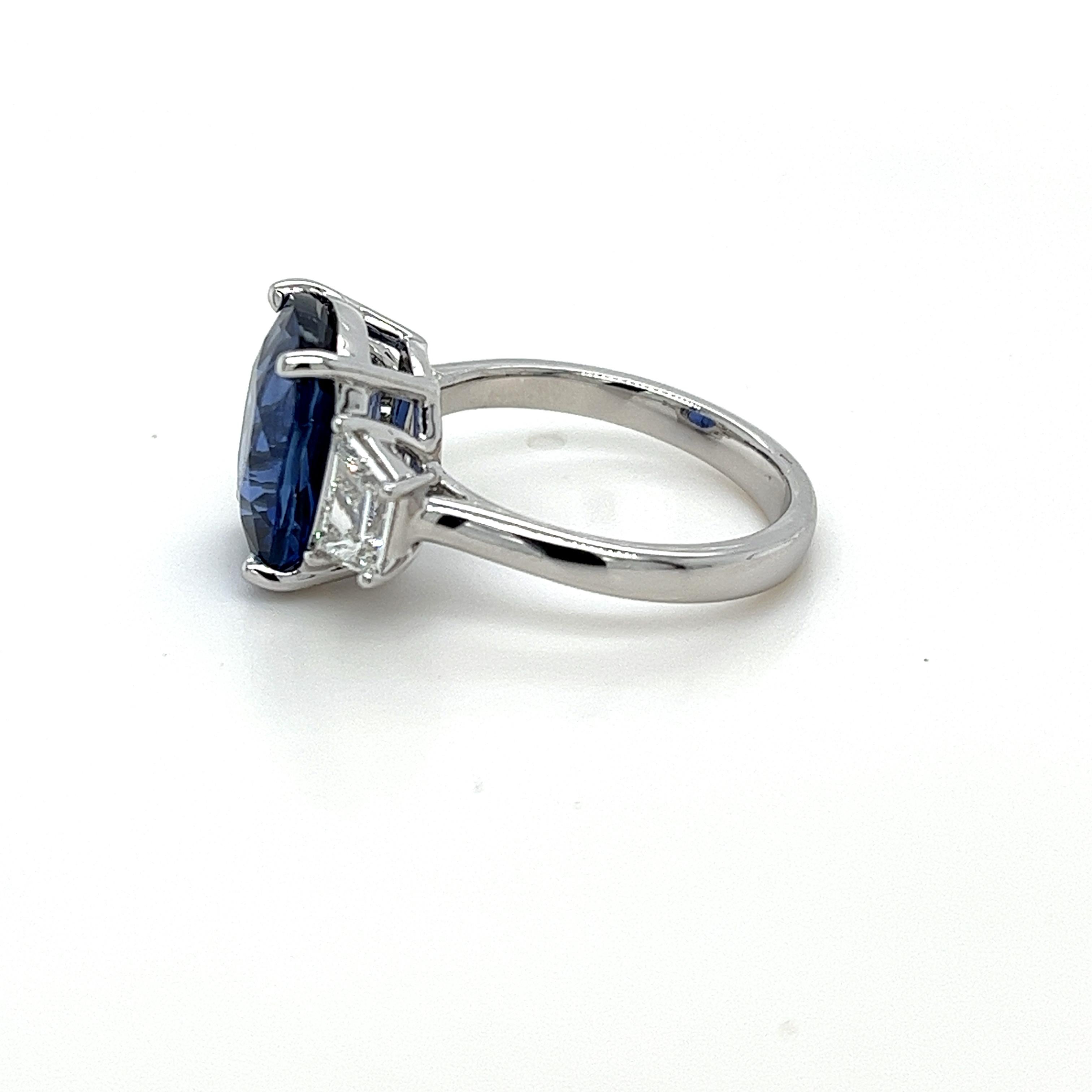 Modern 7.19 Carat Ceylon Sapphire & Diamond Three Stone Ring in Platinum For Sale