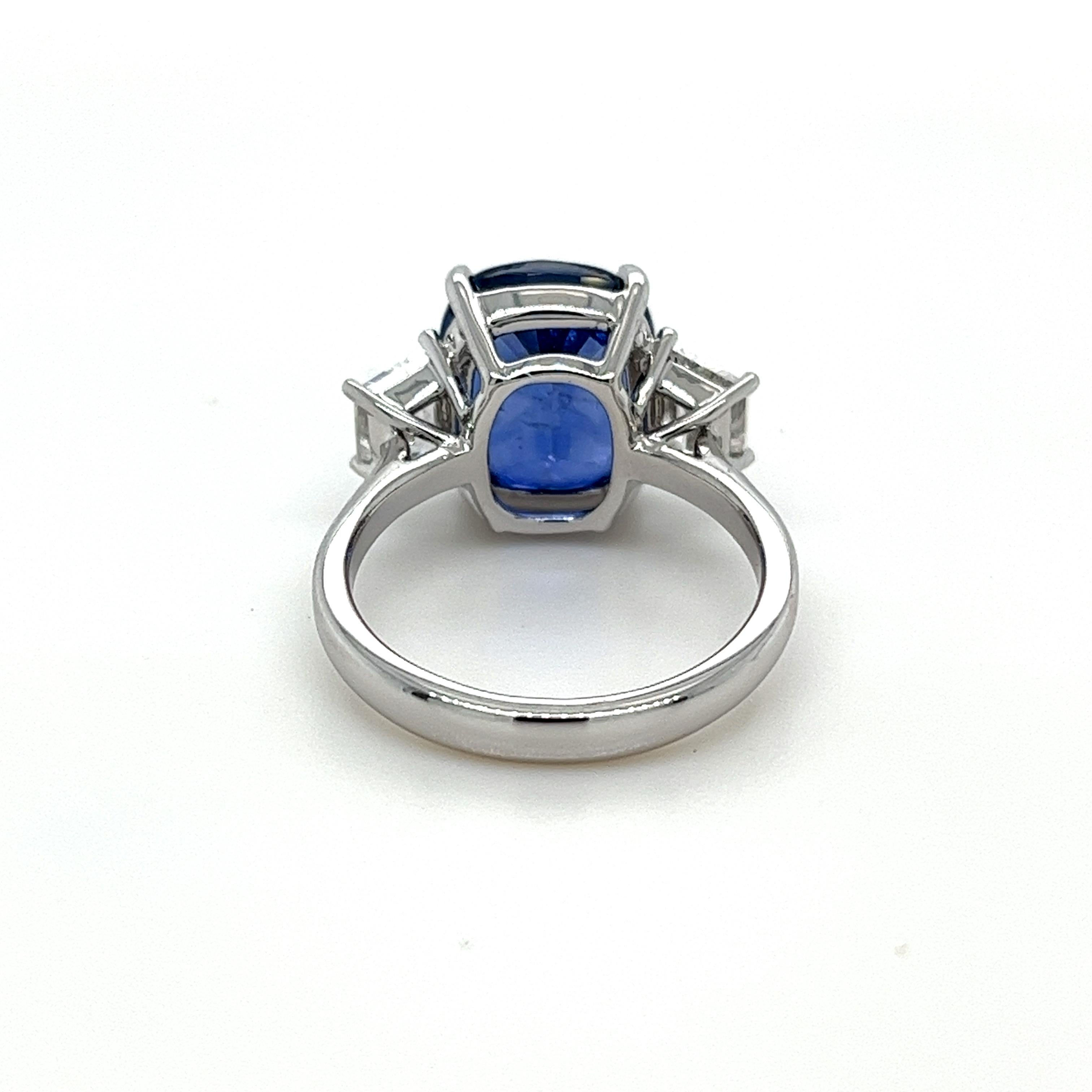 Cushion Cut 7.19 Carat Ceylon Sapphire & Diamond Three Stone Ring in Platinum For Sale