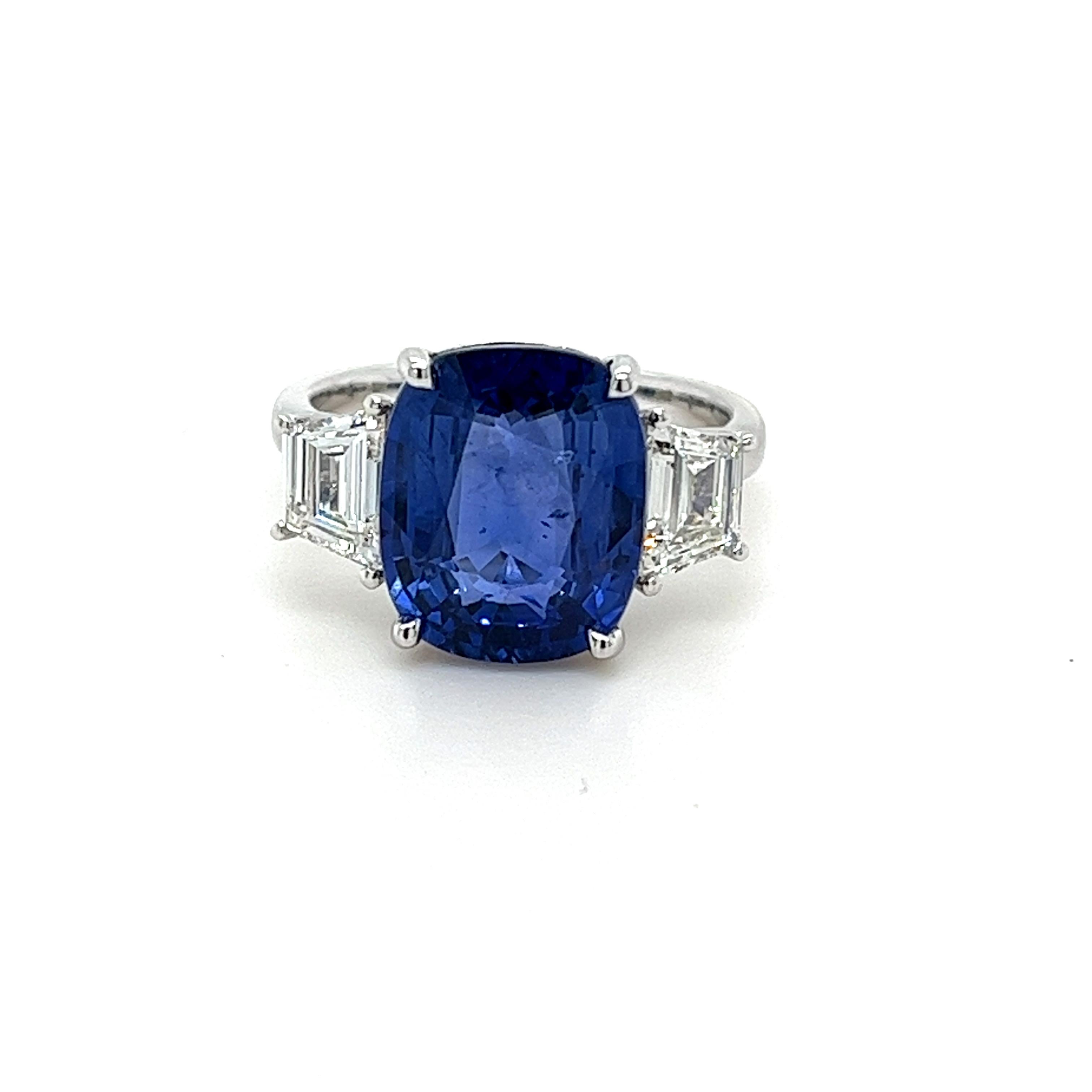 7.19 Carat Ceylon Sapphire & Diamond Three Stone Ring in Platinum In New Condition For Sale In Great Neck, NY