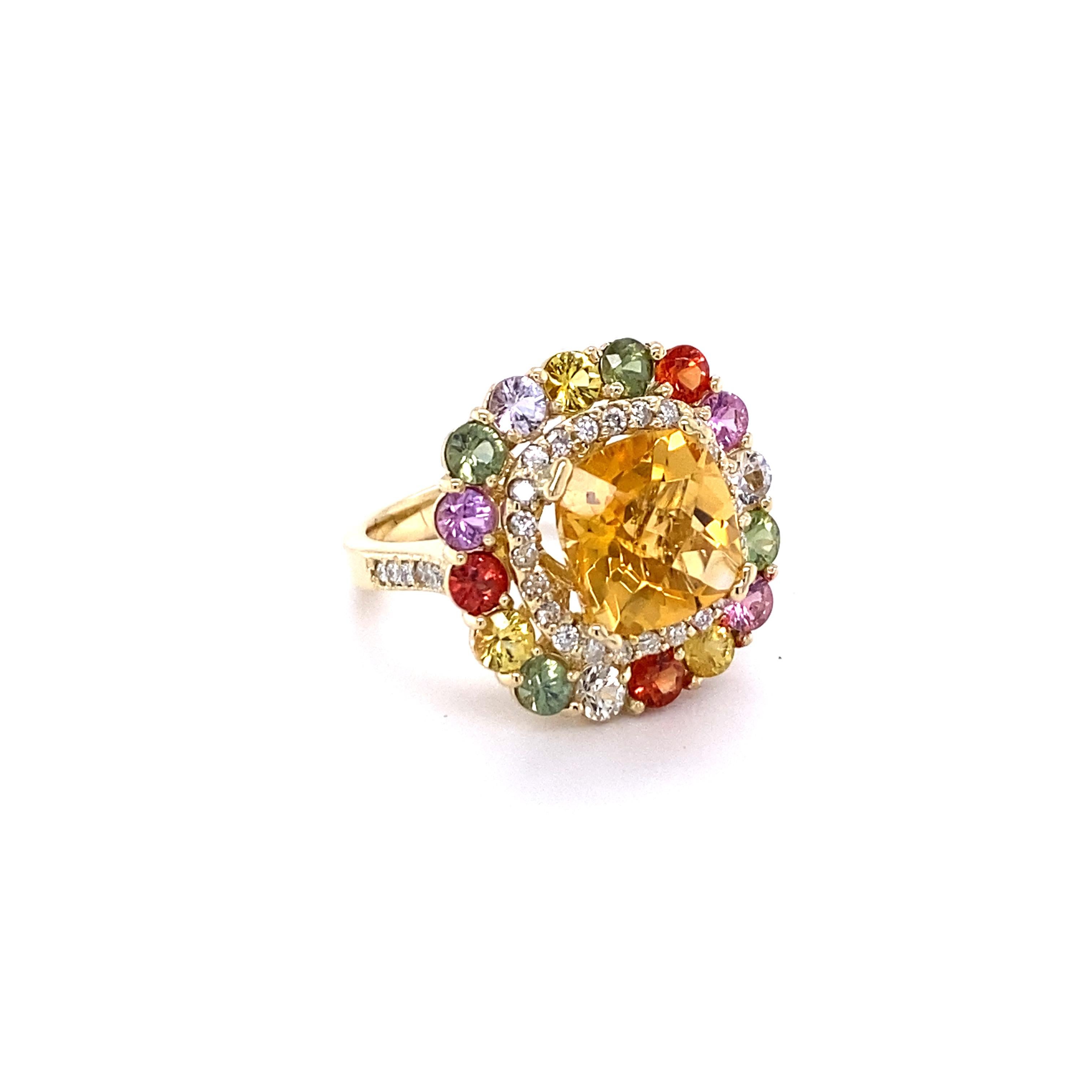 Contemporary 7.19 Carat Cushion Cut Citrine Sapphire Diamond 14K Yellow Gold Cocktail Ring