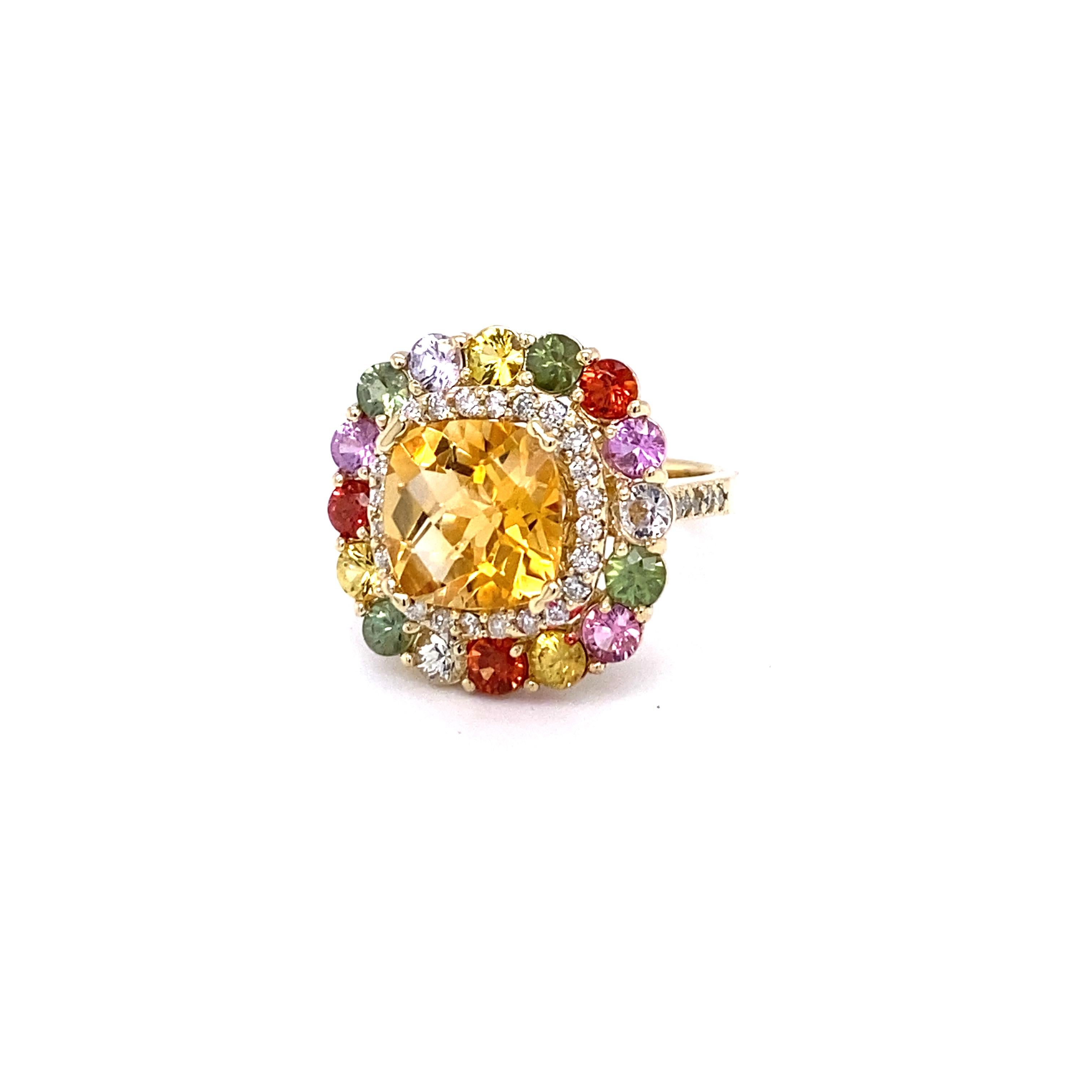 7.19 Carat Cushion Cut Citrine Sapphire Diamond 14K Yellow Gold Cocktail Ring In New Condition In Los Angeles, CA