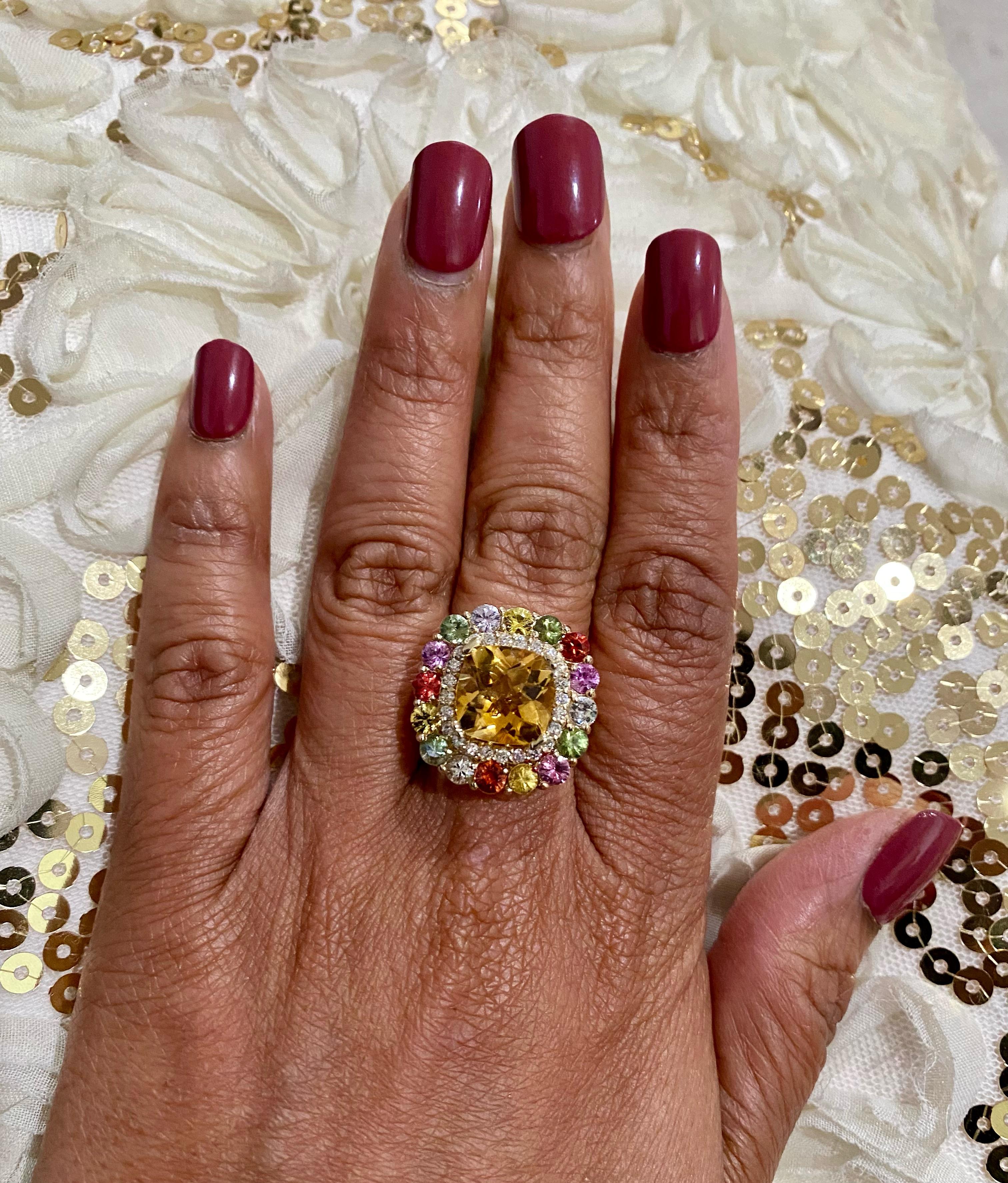 7.19 Carat Cushion Cut Citrine Sapphire Diamond 14K Yellow Gold Cocktail Ring 2