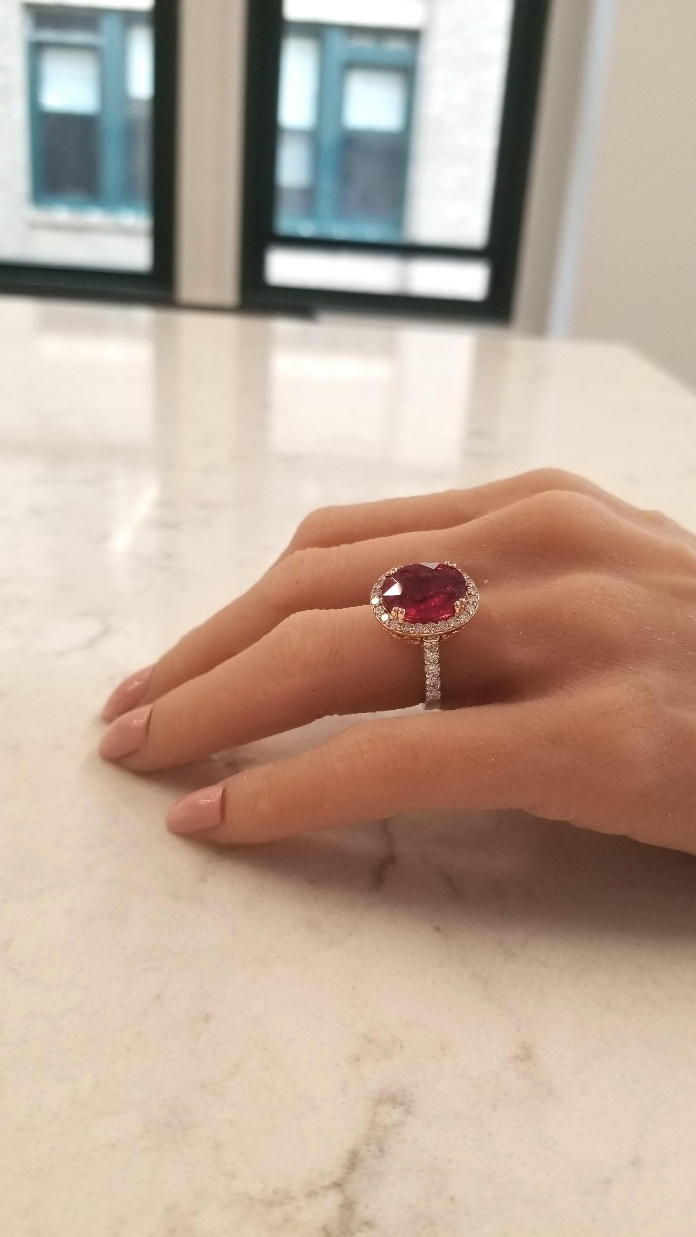 Contemporary 7.19 Carat Cushion Cut Rubellite & Diamond Cocktail Ring In 18K White Gold