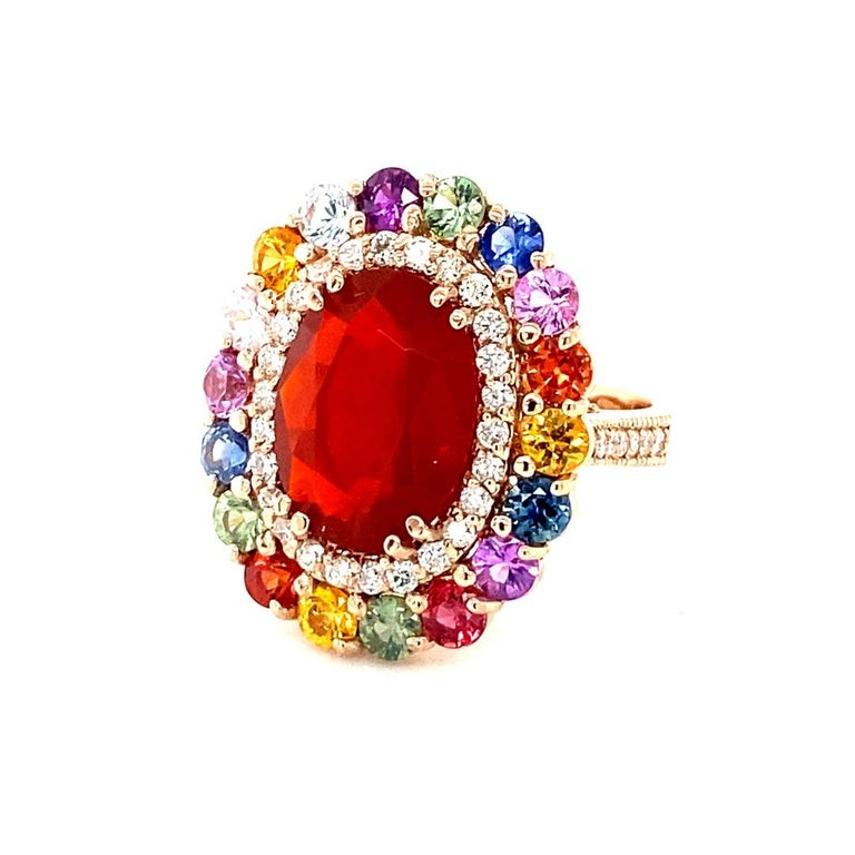 Contemporary 7.19 Carat Natural Fire Opal Sapphire and Diamond Rose Gold Cocktail Ring For Sale