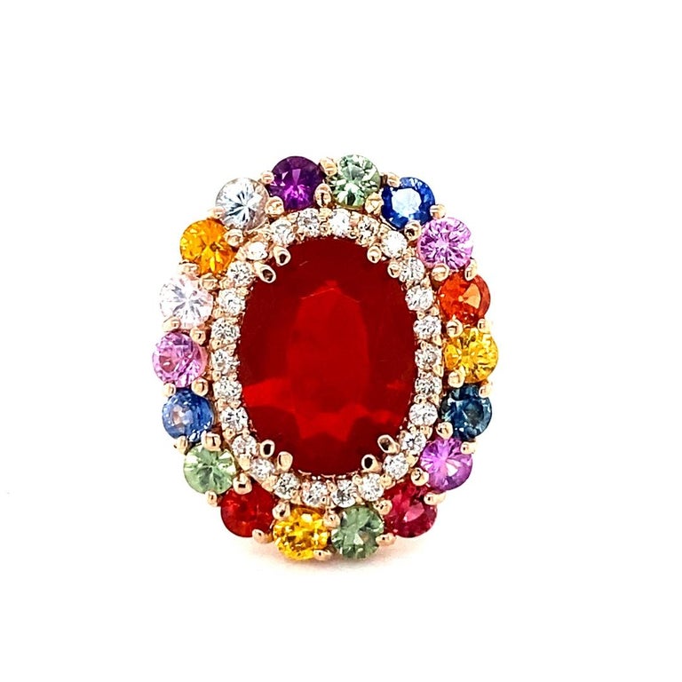 Oval Cut 7.19 Carat Natural Fire Opal Sapphire and Diamond Rose Gold Cocktail Ring For Sale