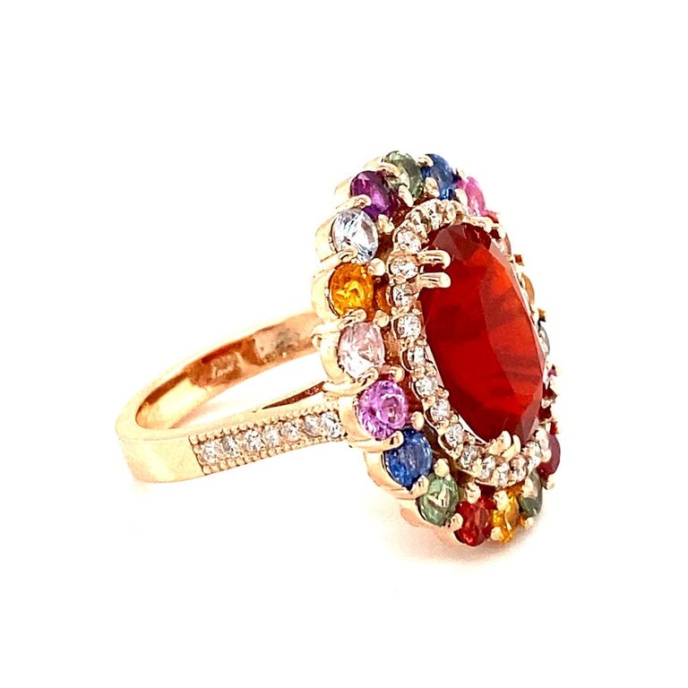 7.19 Carat Natural Fire Opal Sapphire and Diamond Rose Gold Cocktail Ring In New Condition For Sale In Los Angeles, CA