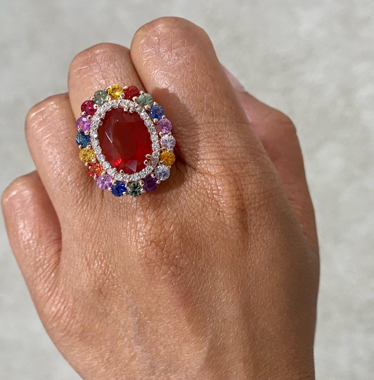 7.19 Carat Natural Fire Opal Sapphire and Diamond Rose Gold Cocktail Ring In New Condition In Los Angeles, CA