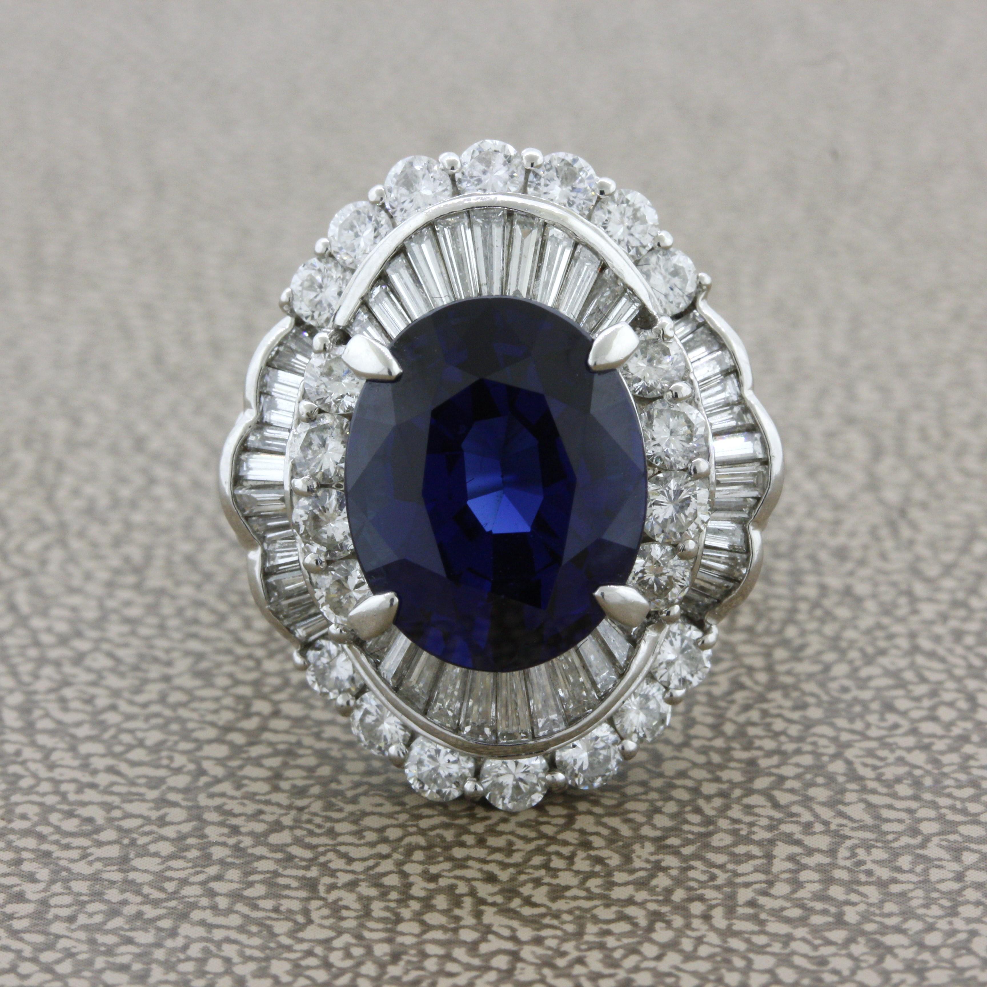 A rich velvety sapphire takes center stage. It weighs an impressive 7.19 carats and has a brilliant deep blue color which is even and clean. Adding to that, the stone is certified by the GIA and shows no signs of heat treatment increasing its rarity