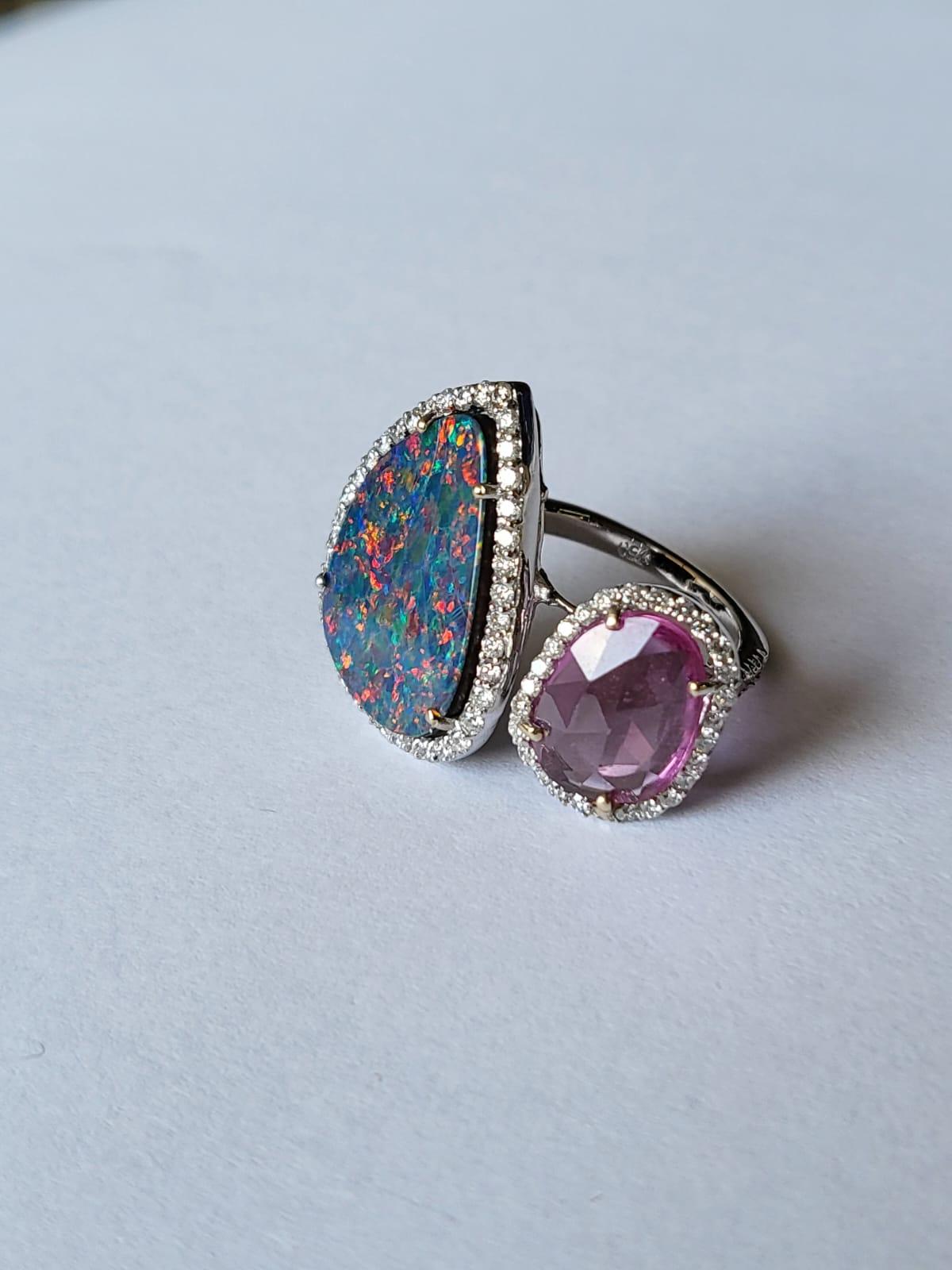 Modern 7.19 Carats, Australian Doublet Opal, Pink Sapphire & Diamonds Cocktail Ring For Sale
