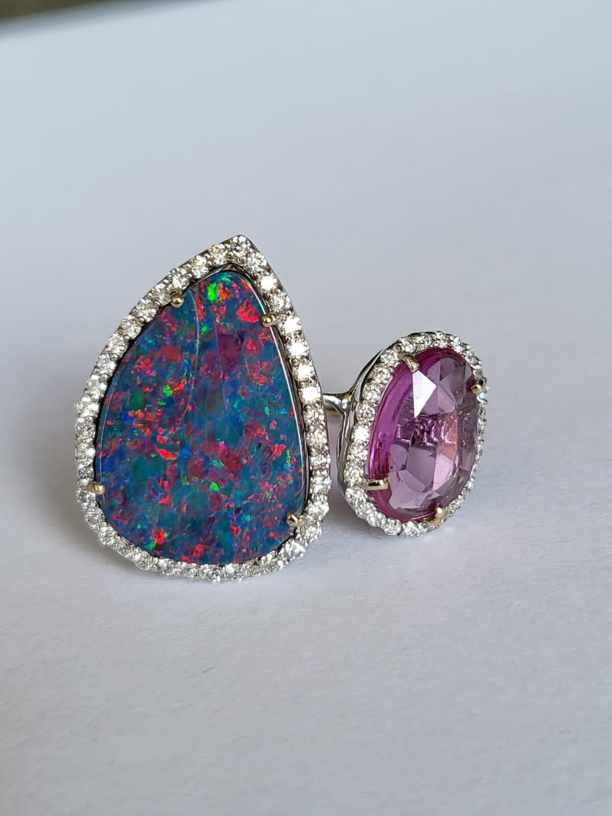 Rose Cut 7.19 Carats, Australian Doublet Opal, Pink Sapphire & Diamonds Cocktail Ring For Sale