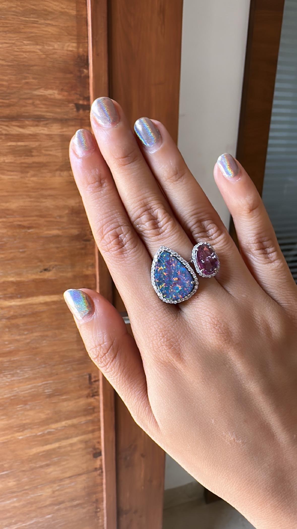 7.19 Carats, Australian Doublet Opal, Pink Sapphire & Diamonds Cocktail Ring In New Condition For Sale In Hong Kong, HK