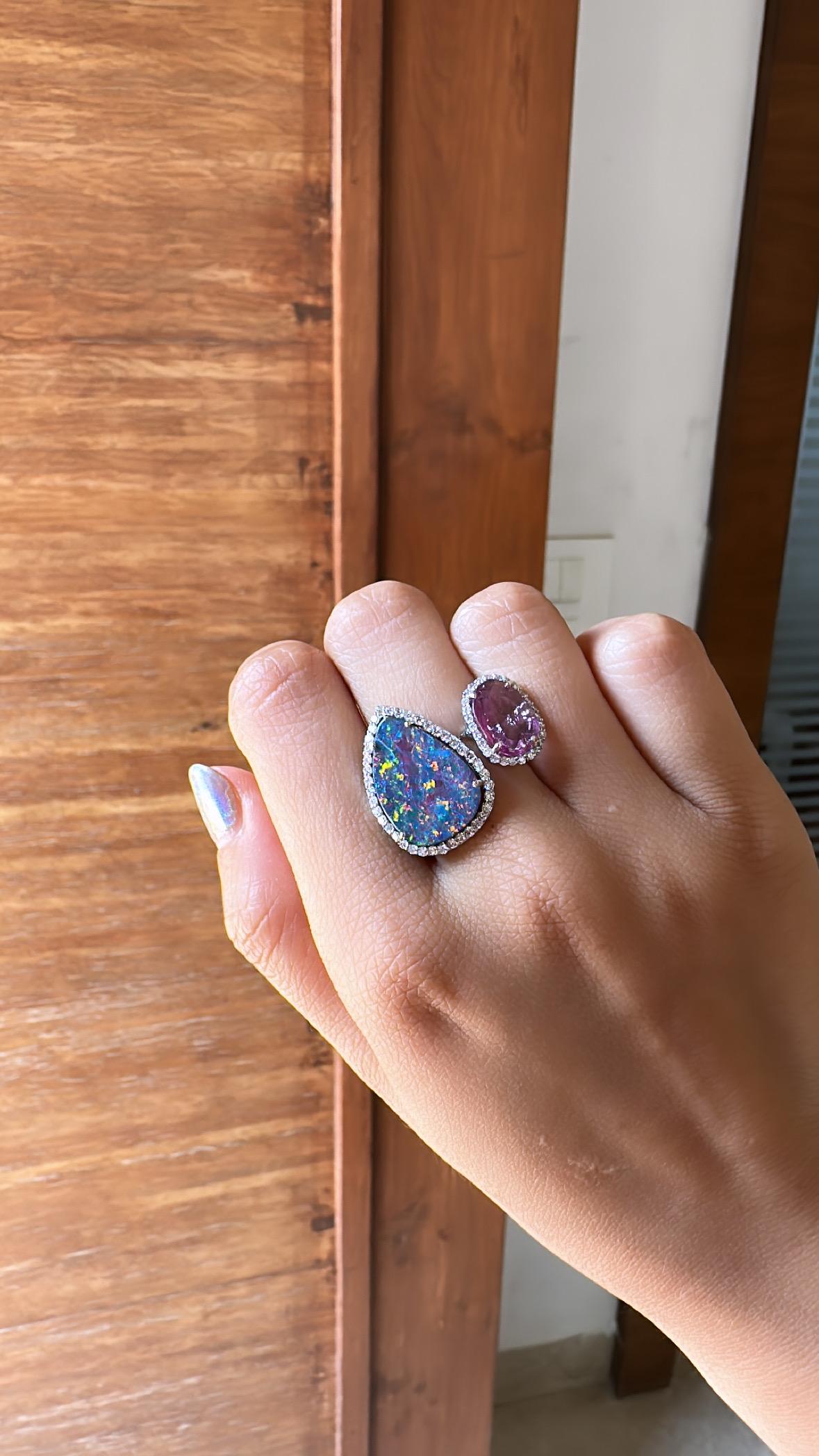 Women's or Men's 7.19 Carats, Australian Doublet Opal, Pink Sapphire & Diamonds Cocktail Ring