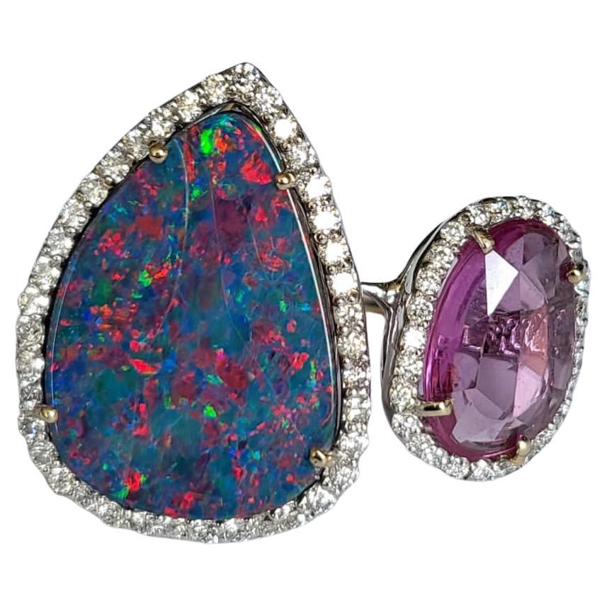 7.19 Carats, Australian Doublet Opal, Pink Sapphire & Diamonds Cocktail Ring For Sale