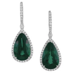 7.19 Ct. Green Emerald Dangle Pear Cut Diamond Earrings