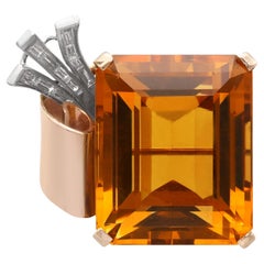 71.96 Carat Citrine and 1.05 Carat Diamond and 14k Yellow Gold Brooch - Vintage