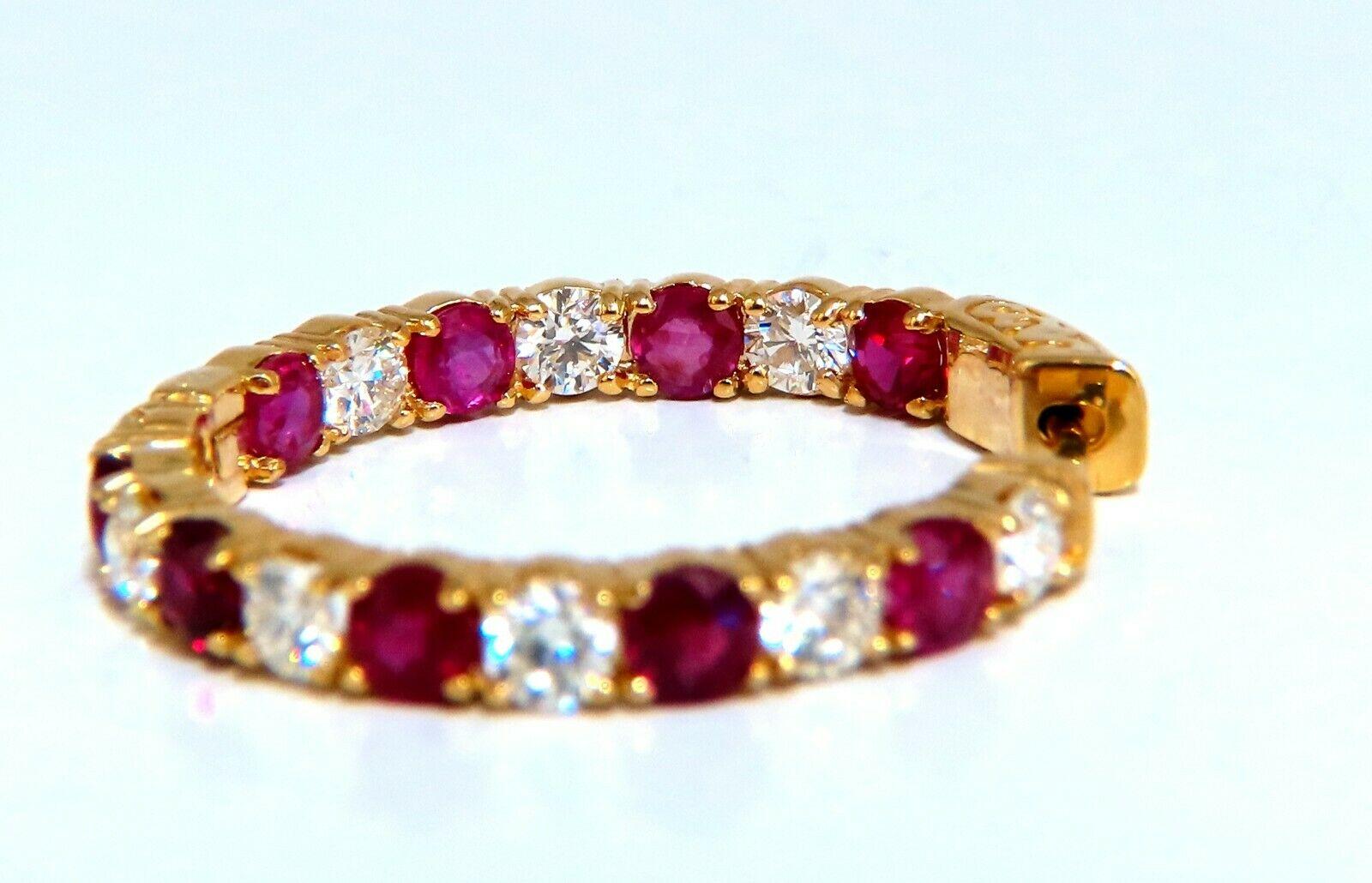 Women's or Men's 7.19ct Natural Ruby Diamonds Hoop Earrings 14kt Yellow Gold Inside Out For Sale