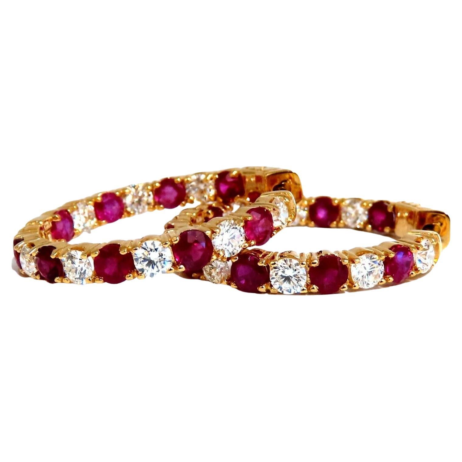 7.19ct Natural Ruby Diamonds Hoop Earrings 14kt Yellow Gold Inside Out For Sale