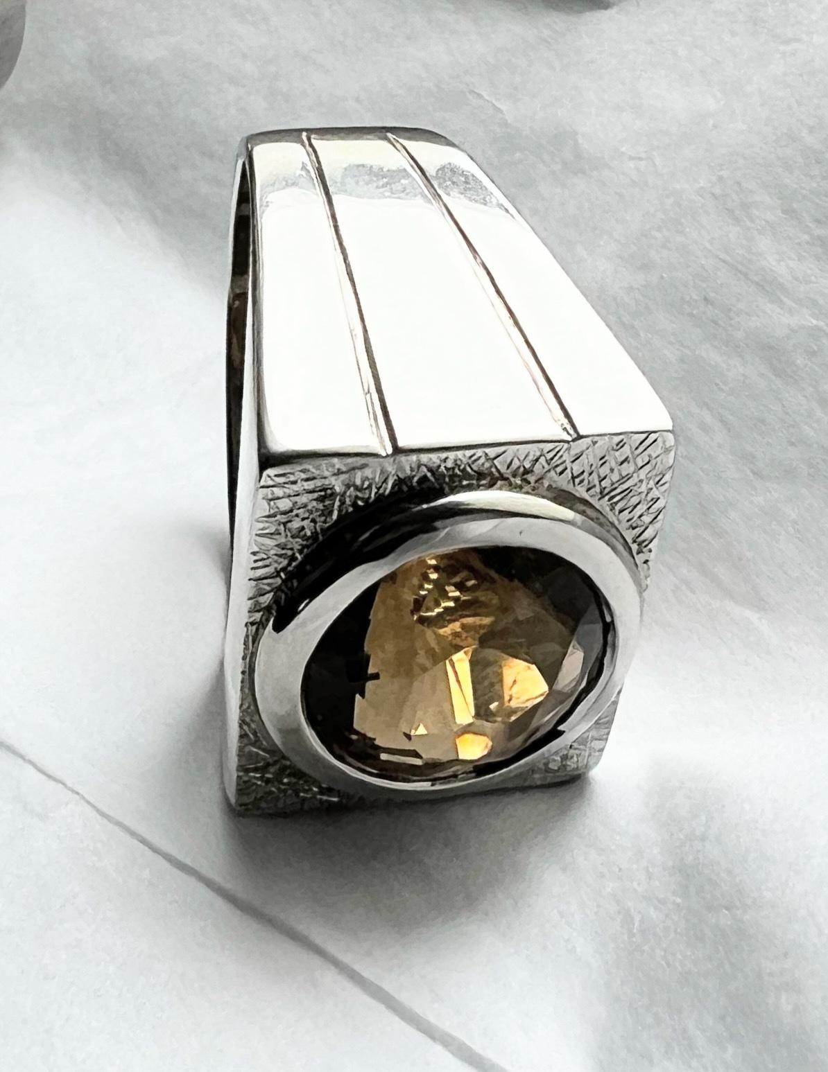 7.1ct Round Yellow Citrine Rhodium Sterling Silver Signet Ring 4
