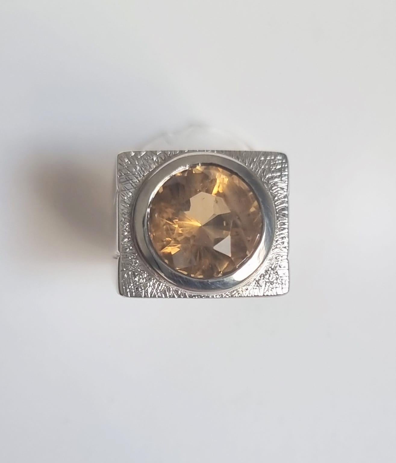 7.1ct Round Yellow Citrine Rhodium Sterling Silver Signet Ring 6
