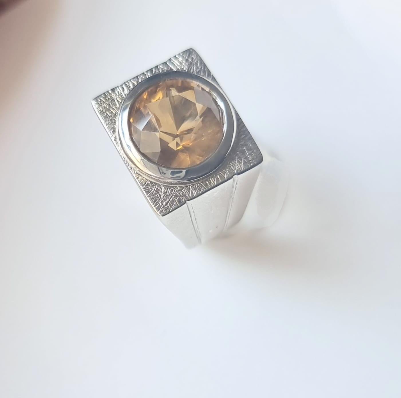 7.1ct Round Yellow Citrine Rhodium Sterling Silver Signet Ring 9