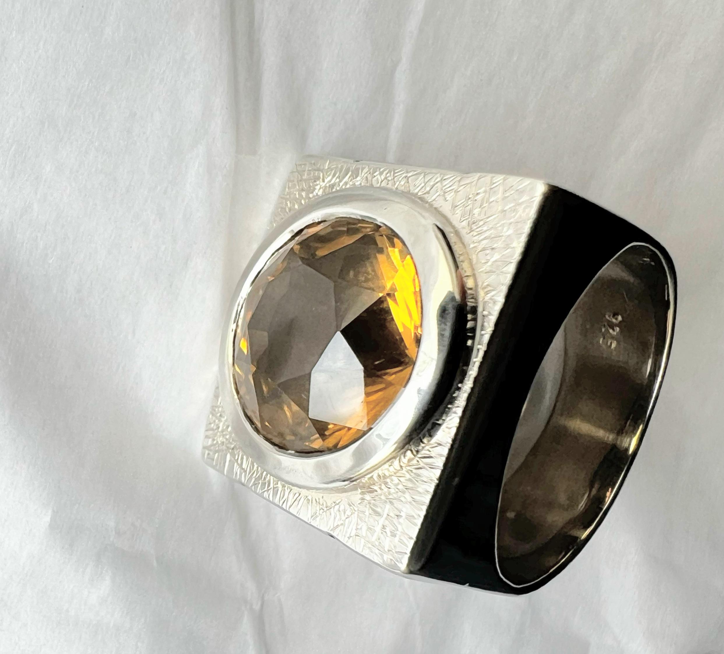 Artisan 7.1ct Round Yellow Citrine Rhodium Sterling Silver Signet Ring
