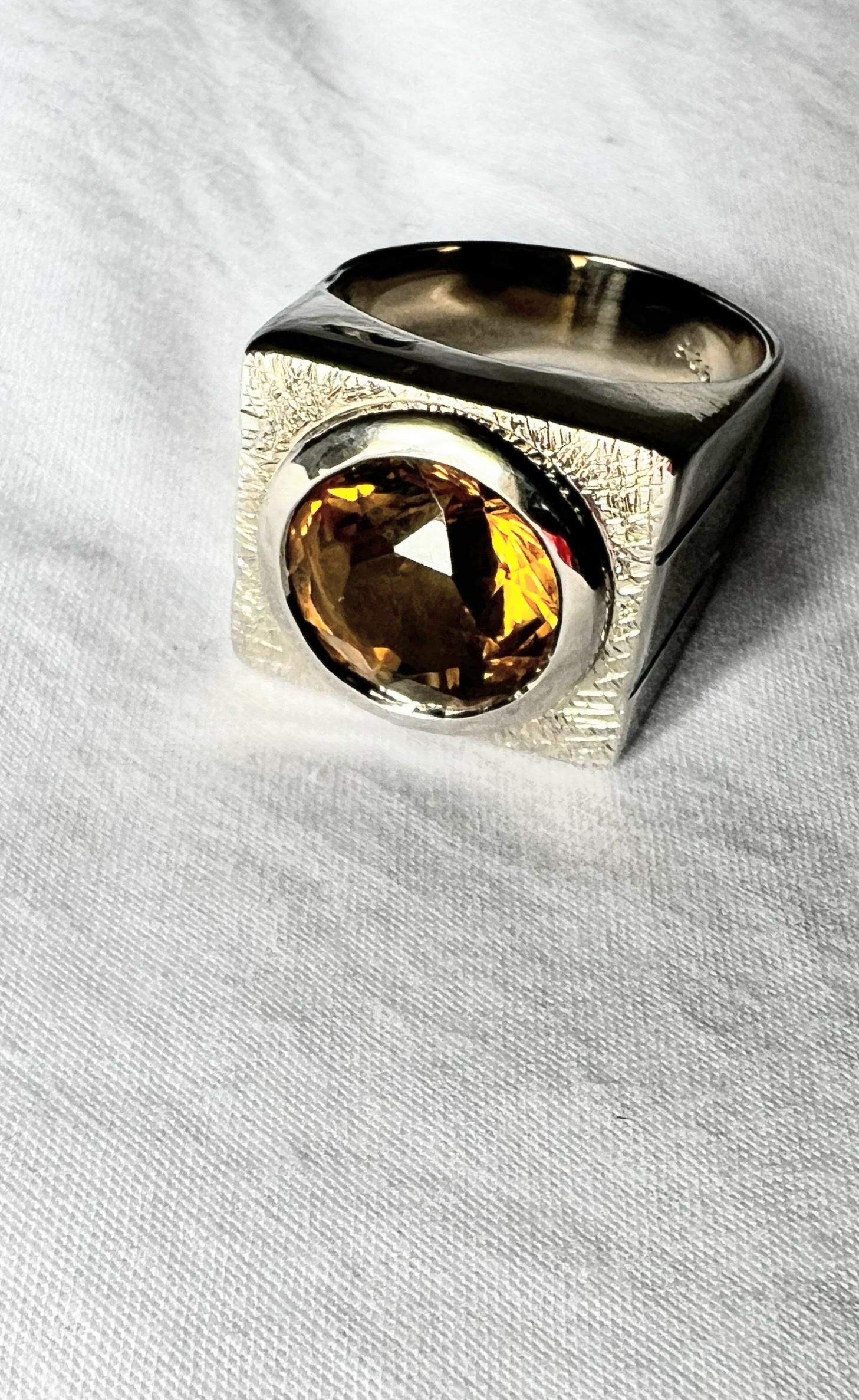 Women's or Men's 7.1ct Round Yellow Citrine Rhodium Sterling Silver Signet Ring