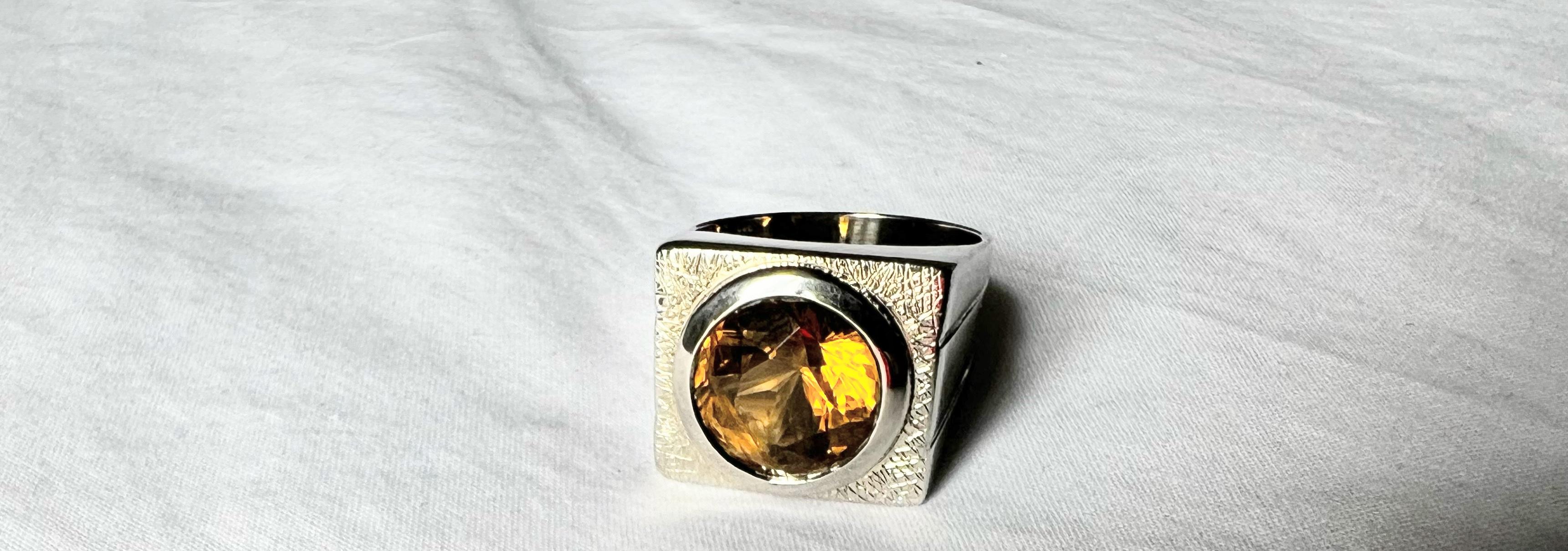 7.1ct Round Yellow Citrine Rhodium Sterling Silver Signet Ring 1