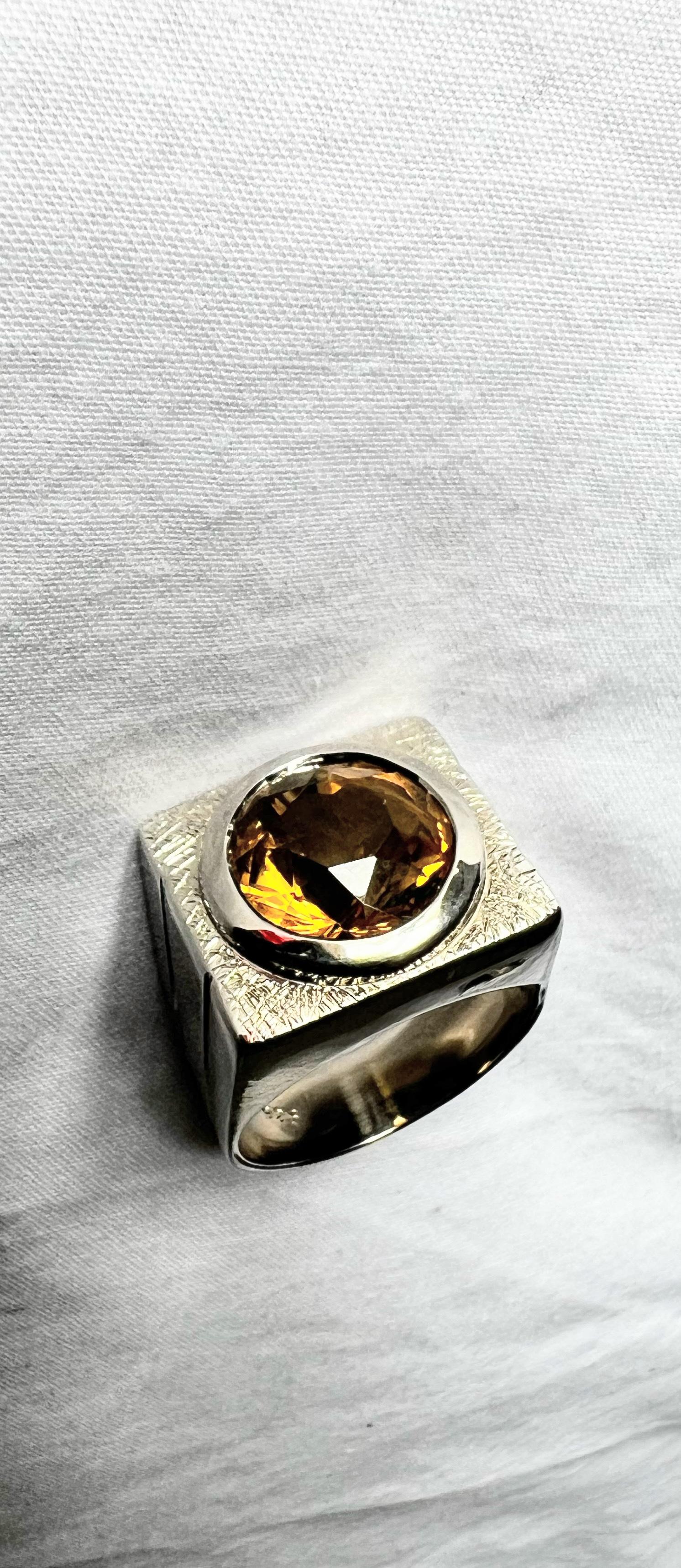 7.1ct Round Yellow Citrine Rhodium Sterling Silver Signet Ring 2