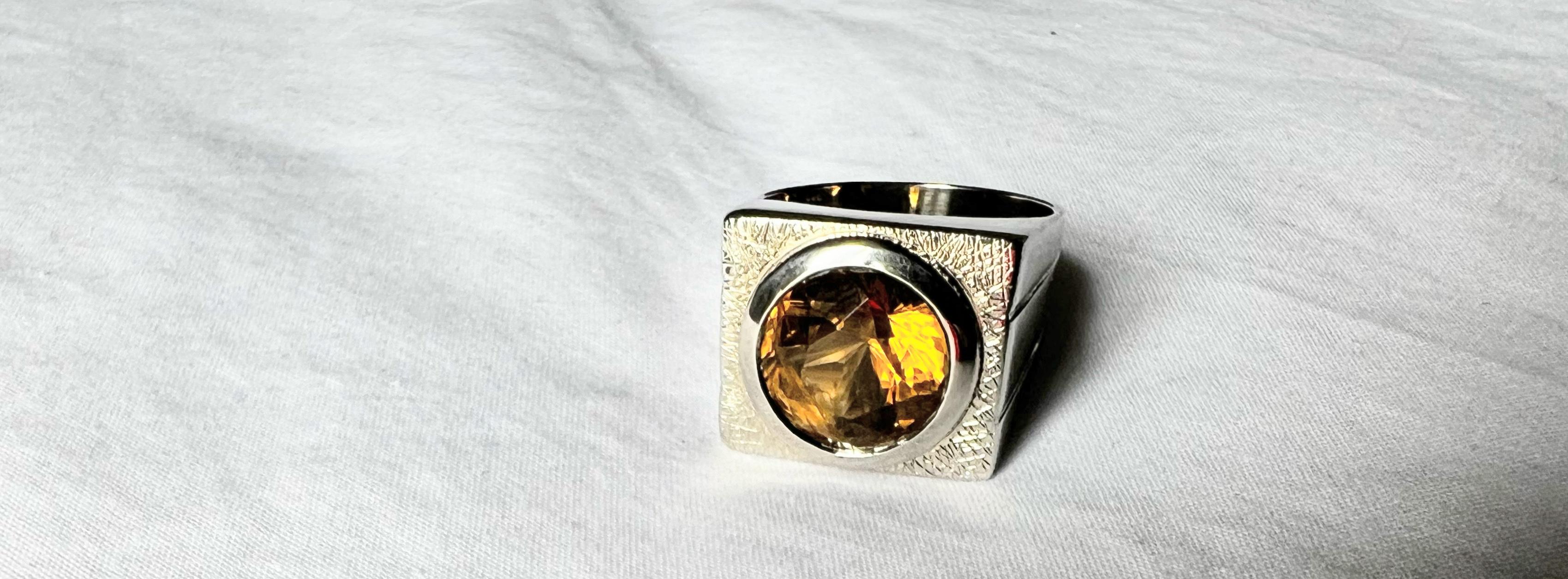 7.1ct Round Yellow Citrine Rhodium Sterling Silver Signet Ring 3