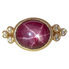 7.1cts East - West Star Ruby Ring with Natural Diamonds Accents: Solid 14k Gold