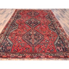 7'1 "x10' Roter Vintage Persisch Shiraz mit Tierfiguren Handgeknüpfter Wollteppich