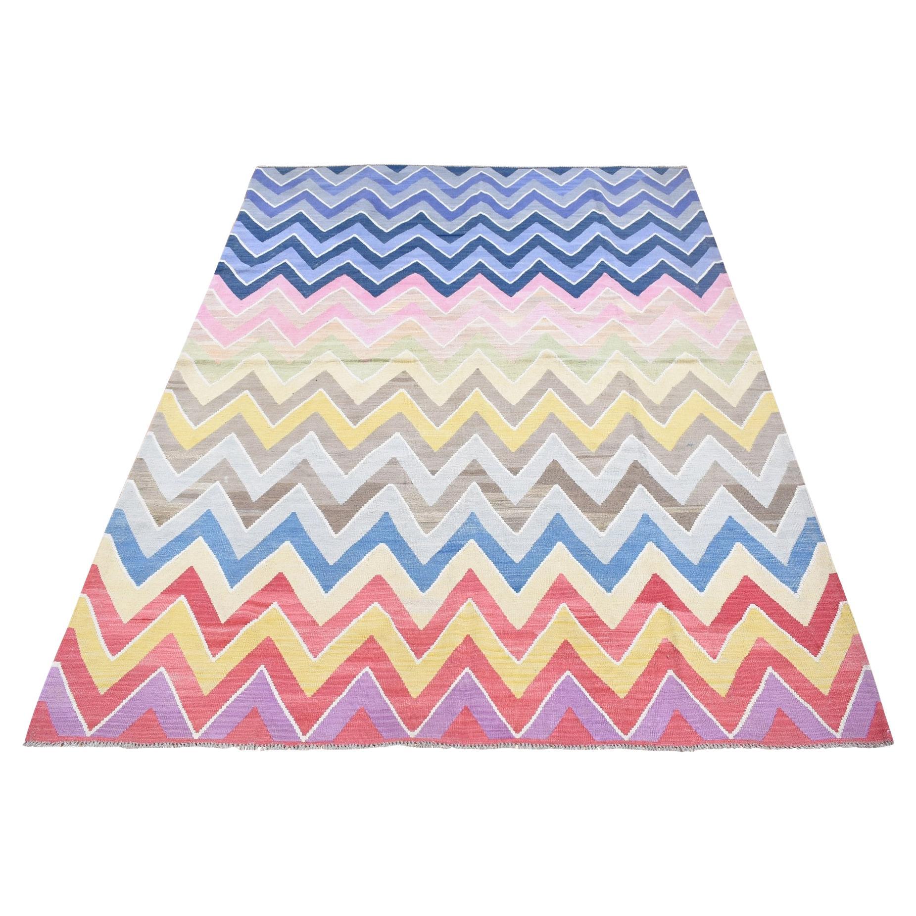 7
1 "x10
1" Tapis Kilim afghan coloré, en pure laine, tissé à la main, à motifs de chevrons