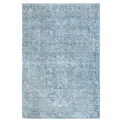 Alfombra Tabriz de estilo Farsiano vintage, de 7'1" x 10'7", color turquesa medio, de lana pura y anudada a mano
